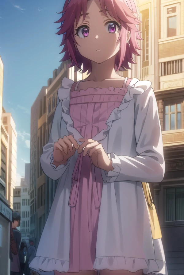alicemaresato, <lora:alice maresato s1-lora-nochekaiser:1>,
alice maresato, short hair, pink hair, red hair, hairband, (pink eyes:1.3), (parted bangs:1.5),
BREAK dress, frills, long sleeves, pink dress,
BREAK outdoors, city, zombies, sun, sky, clouds, cars,
BREAK looking at viewer, (cowboy shot:1.5),
BREAK <lyco:GoodHands-beta2:1>, (masterpiece:1.2), best quality, high resolution, unity 8k wallpaper, (illustration:0.8), (beautiful detailed eyes:1.6), extremely detailed face, perfect lighting, extremely detailed CG, (perfect hands, perfect anatomy),