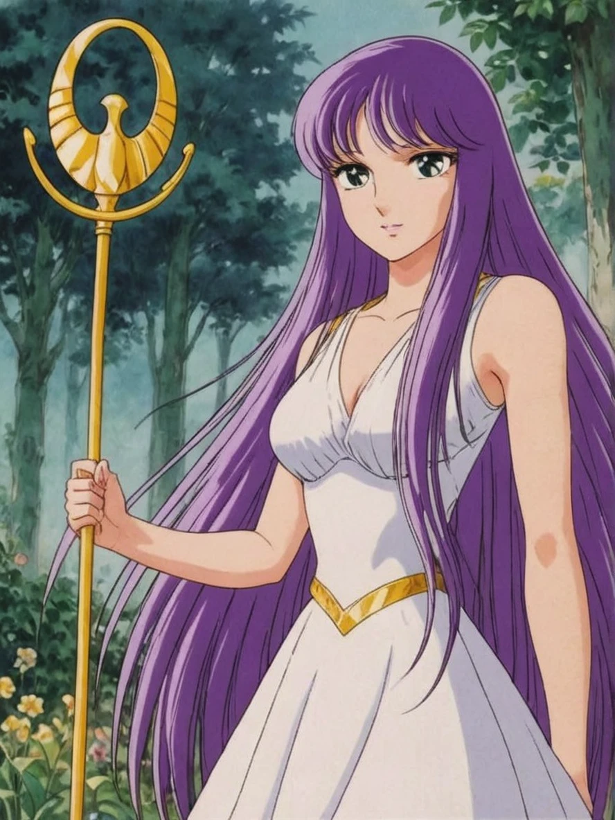 Anime illustration portrait of s40r1k1d0 woman, (in a garden)+, purple hair, holding a golden scepter