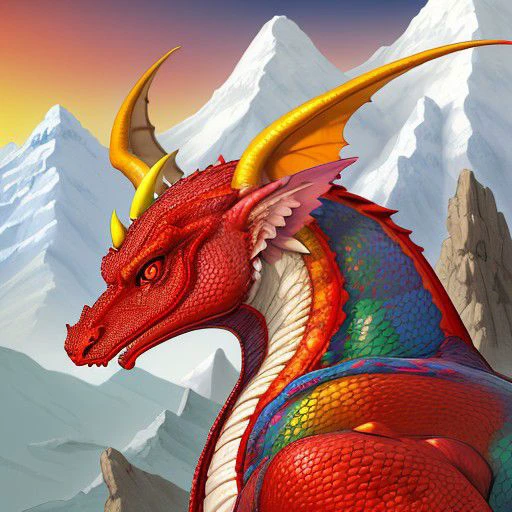 Red Dragon portrait with horns, mountain, multicolor background, looking right, yellow eyes,  DF Style