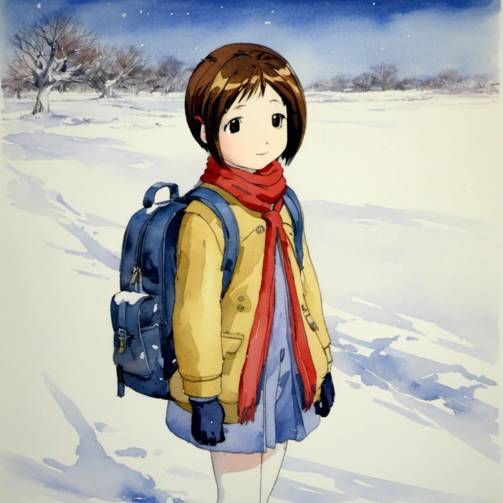 masterpiece, best quality, 1girl, shiina_figure17fsefgas, fine-face, detailed face, looking at viewer, sad smile, snow_field, [school_backpack], upper body, child, classic painting by Yoshitoshi Abe,  watercolor, <lora:figure17Lora_XL:0.9>