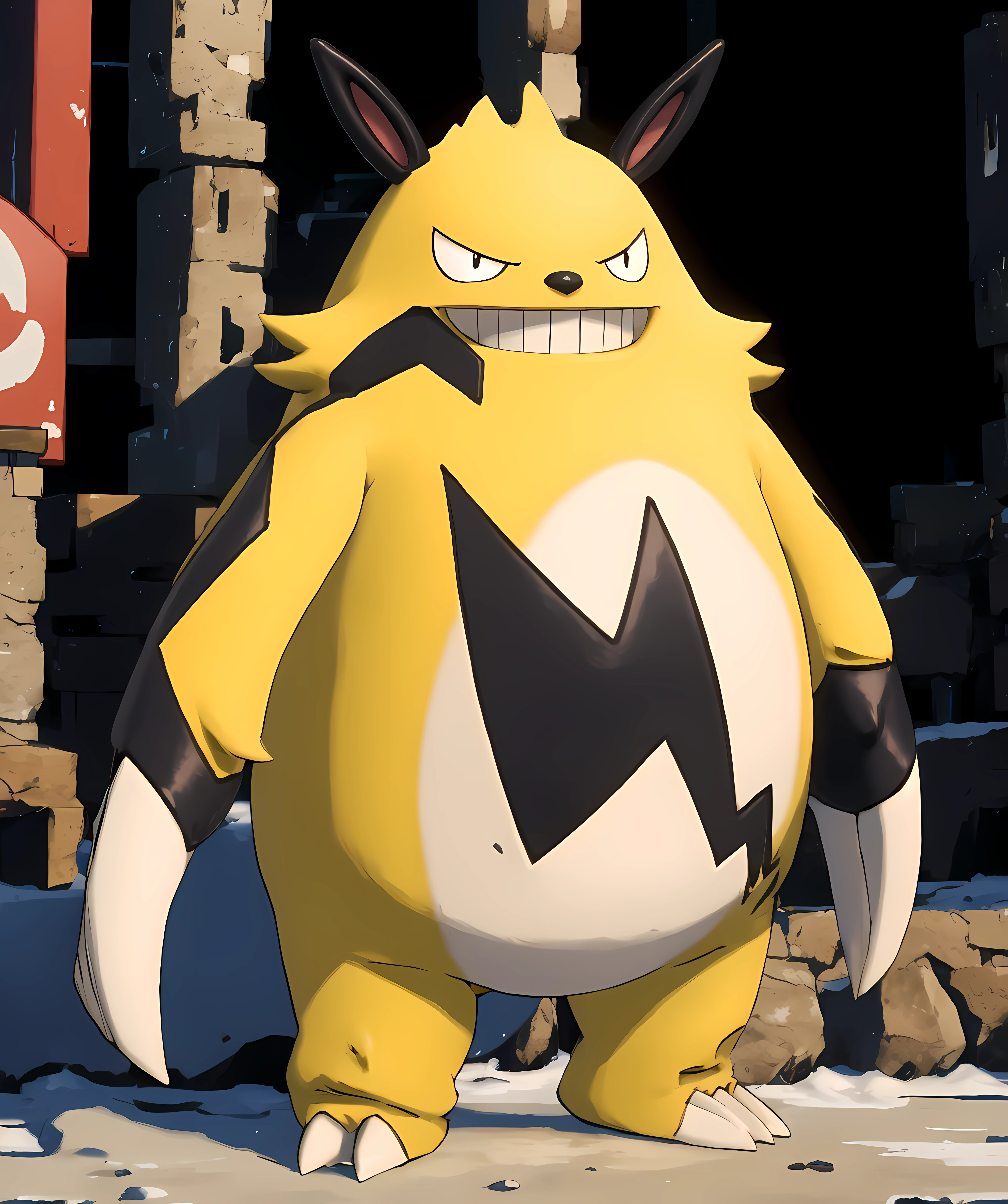 grizzbolt_palworld, standing, pokemon town, sugimori ken \(style\) <lora:Grizzbolt-15(2):0.75> <lora:pokemon_v3_offset:1>