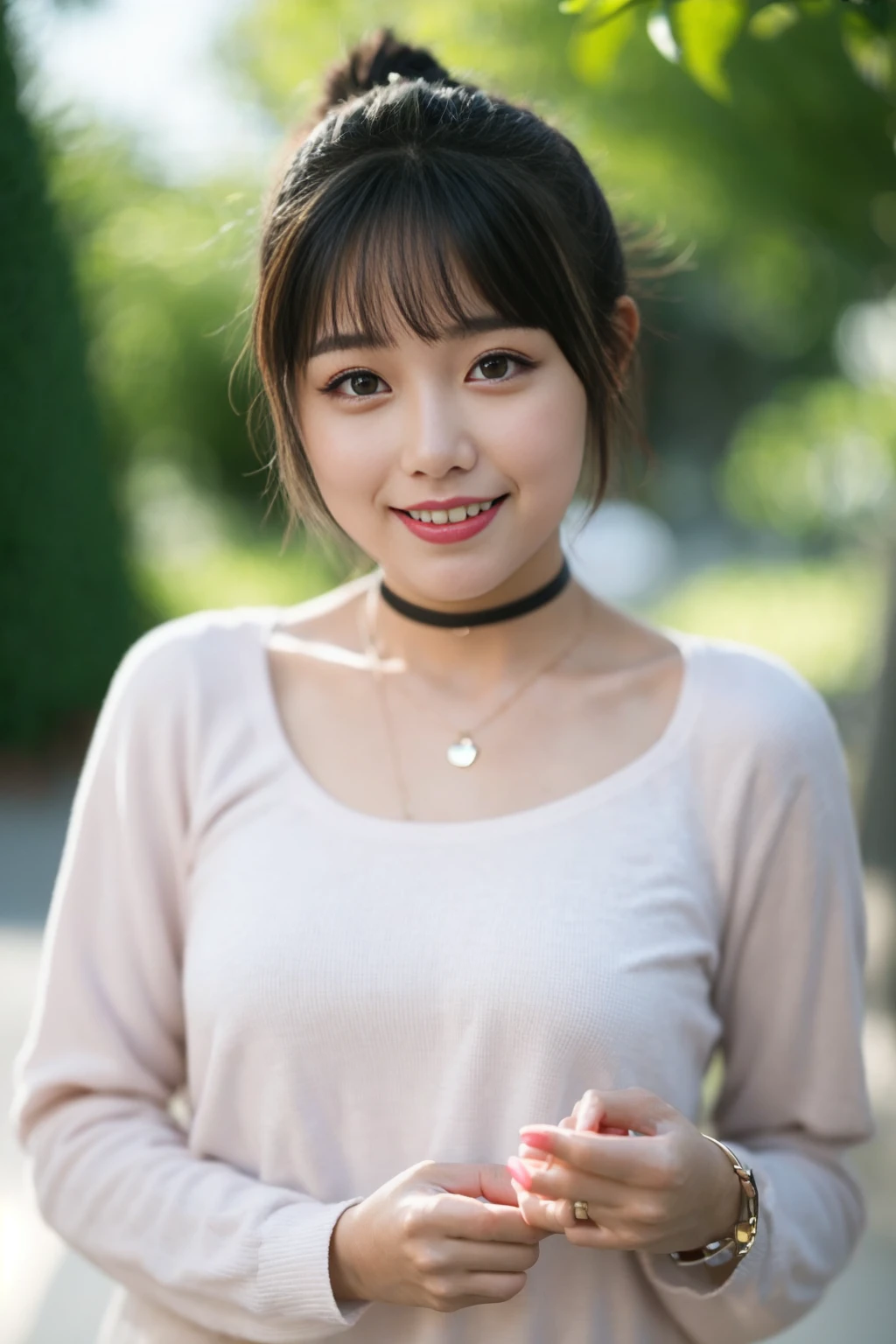 <lora:ann_v01:0.9>,
(8k, RAW photo, best quality, masterpiece:1.2), (realistic, photo-realistic:1.37), omertosa,1girl, blurry background,lake, sunlight,professional lighting, photon mapping, radiosity, physically-based rendering, backlight bokeh, blurry background,smile, mature,((black choker)), red lips, office lady ,((lights shinning on the face))
head portrait
,
sunlight, ((outdoors)) ,((light shinning on the hair))
short jacket,
((short hair)), ((floating hair)), black hair,straight hair, glowing hair,
135mm lens,,big breast,red lips