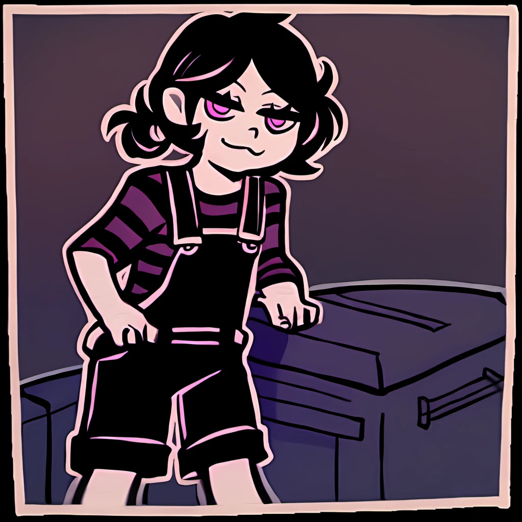 score_9,score_8,score_7,source_general,
by nemlei,the coffin of andy and leyley,framed,
1girl,ashley graves,black hair,pink eyes,smug,standing,crate,on crate,warehouse,leaning forward,happy,shorts,looking at viewer,hand on crate,shaking crate,child,female child,short twintails,overalls,striped shirt,
<lora:ponyxl-the_coffin_of_andy_and_leyley-style-v03:1>