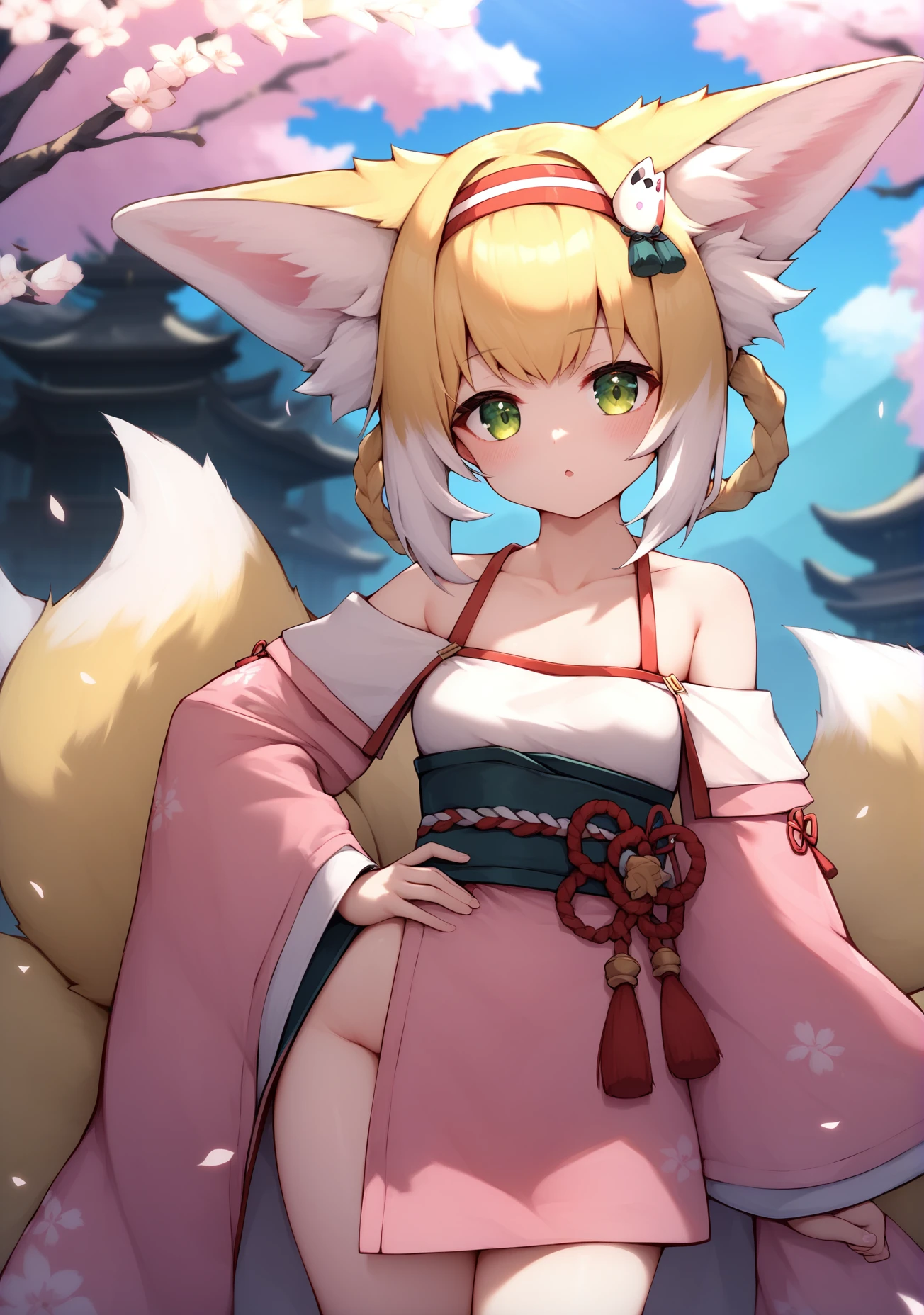 score_9, score_8_up, score_7_up, score_6_up, best quality, masterpiece, uncensored, source_anime,
a cute fox girl posing in front of epic scenery, she is happy and calm, revealing and teasing yet sfw,
1girl,suzuran \(arknights\), collarbone, green eyes, animal ear fluff, blonde hair, hairband, braided hair rings, fox ears, fox tail, kitsune, multiple tails, hair rings, small breasts, pink kimono, hand on own hip, clothes cutout,hips, off shoulder