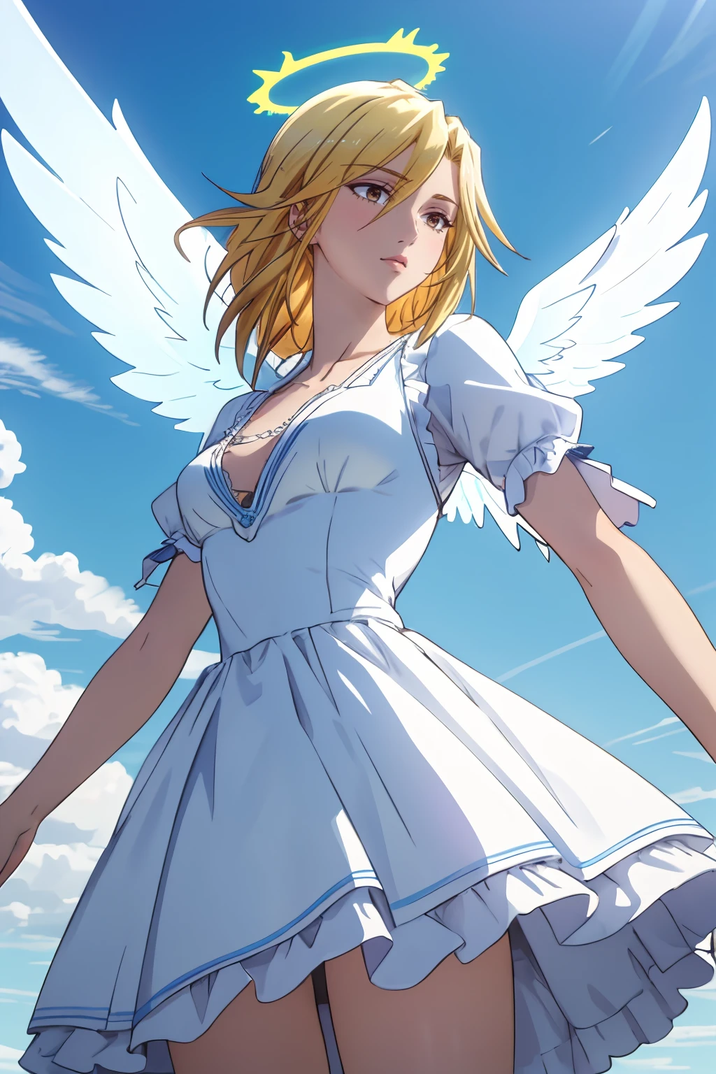 ultra detailed, sharp focus, best quality, masterpiece, colorful, high contrast, dynamic lighting, intricate details, 1girl, solo, <lora:NSArisaBasket:0.8> NSArisaBasket, halo, angel, transparent white dress, wings, sky, clouds, light blue background