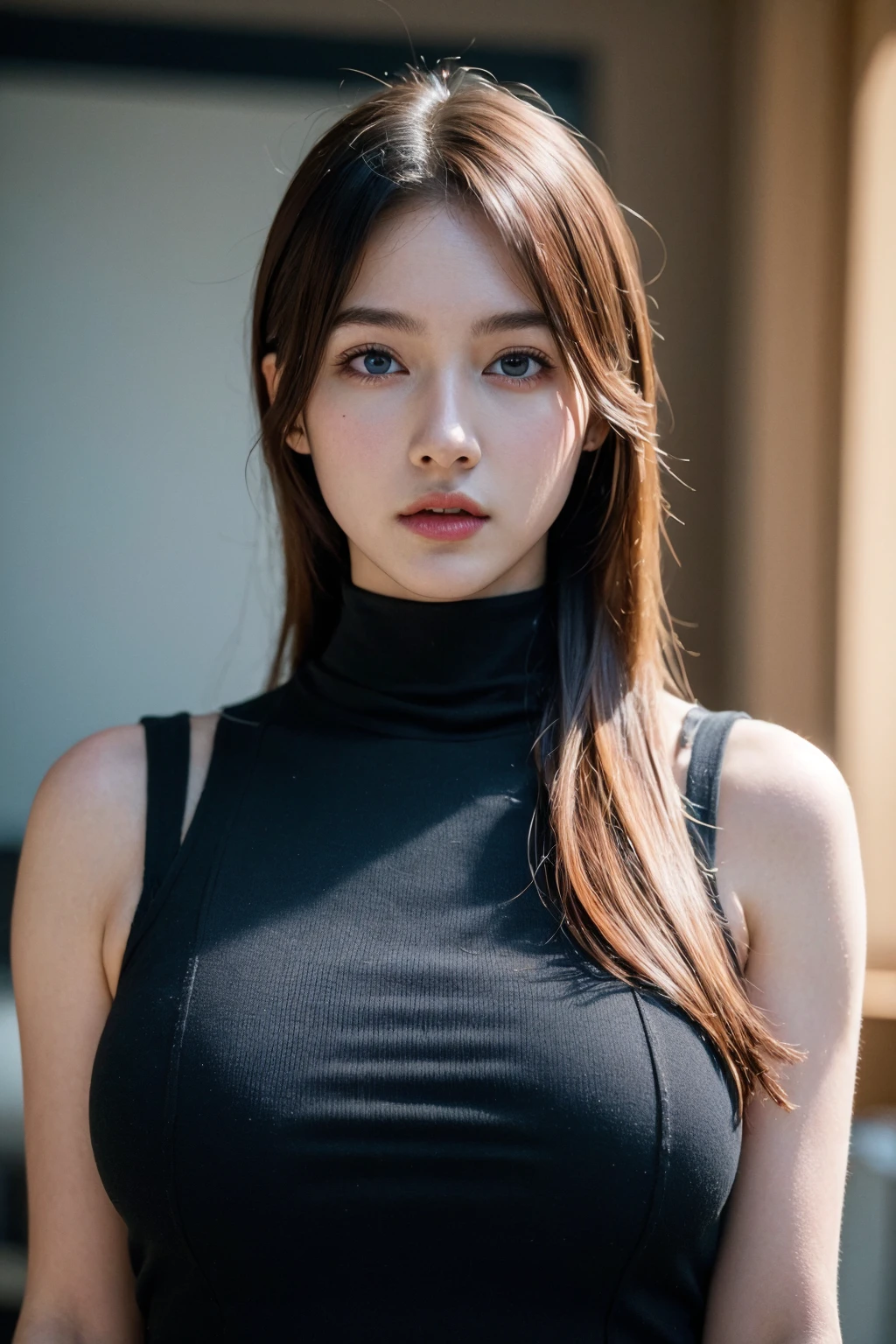 HD, 4K, 8K, 1 woman, fishnet top, fit, medium breast, thick thighs, sediuctive smirk, thin lips, thick eyebrows, bangs, look at viewer