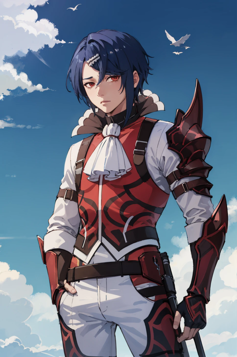 masterpiece, sky, cloud, 1boy, solo, looking at viewer, <lora:AlcrystFE:0.9> defAlcryst, armor, white shirt, long sleeves, short hair, bangs, hairclip, white pants, vest, ascot, high collar