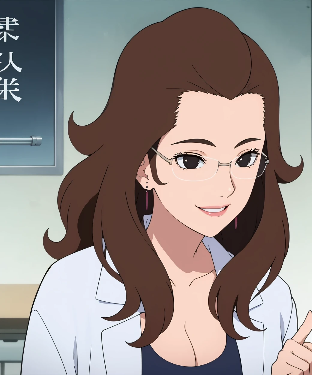 <lora:AkitaInuzukaV1:0.7>,akitainuzuka,long hair, brownhair, black eyes,glasses,earrings,labcoat,cleavage,calm smile,mature woman, milf,laboratory, science,breasts out, nipples