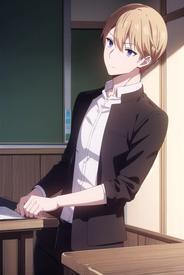 miyukishirogane, <lora:miyuki shirogane s3-lora-nochekaiser:1>,
miyuki shirogane, blonde hair, male focus, blue eyes,
BREAK school uniform, pants, gakuran,
BREAK indoors, classroom,
BREAK looking at viewer, (cowboy shot:1.5),
BREAK <lyco:GoodHands-beta2:1>, (masterpiece:1.2), best quality, high resolution, unity 8k wallpaper, (illustration:0.8), (beautiful detailed eyes:1.6), extremely detailed face, perfect lighting, extremely detailed CG, (perfect hands, perfect anatomy),