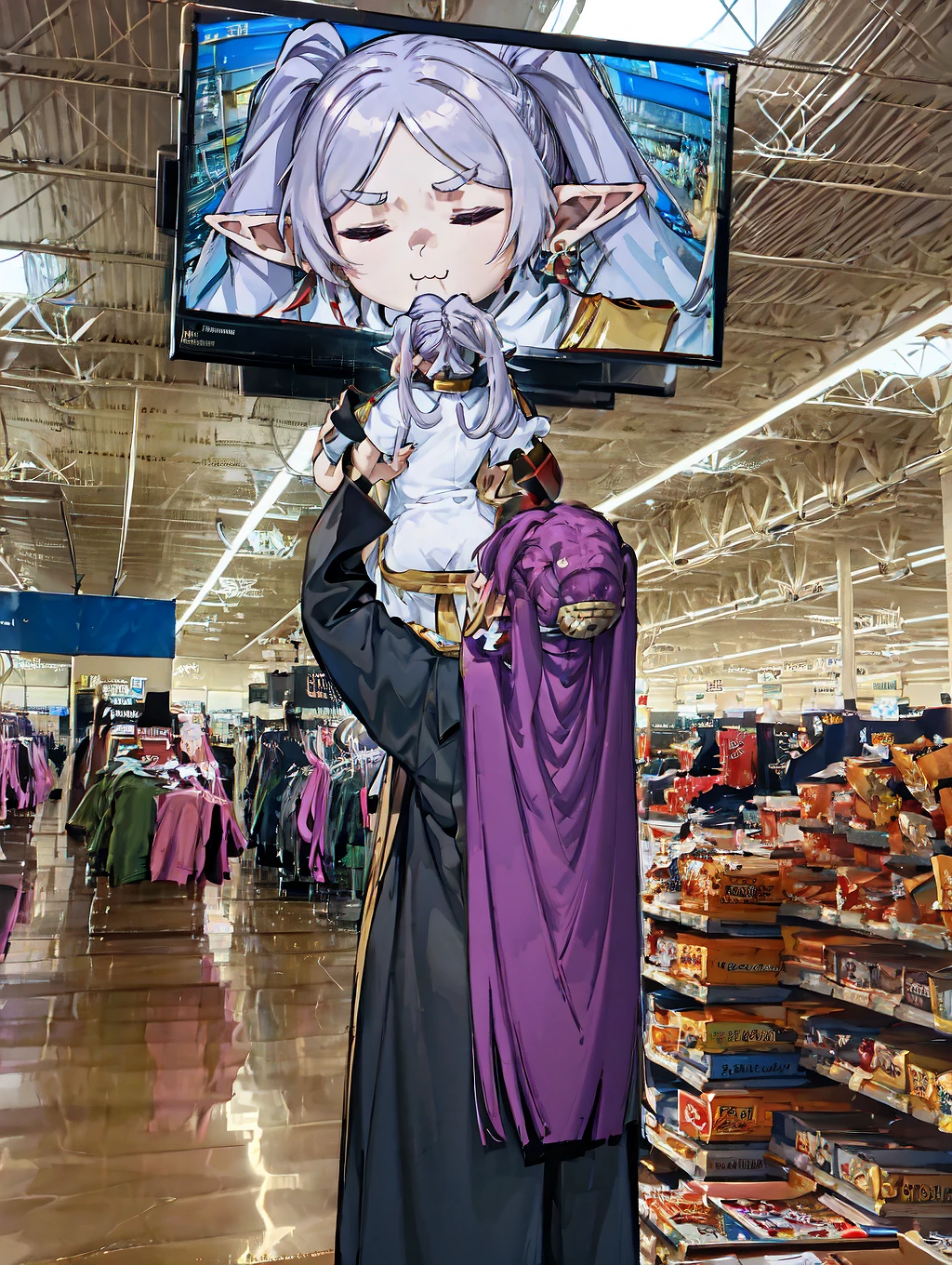 IncrsAbsolutelyLosingIt, <lora:AbsolutelyLosingIt:0.5>, holding, television,
, , FrierenBase, twintails, earrings, <lora:Char_FBJE_Frieren:1>, :3, closed eyes, white capelet
, IncrsAbsolutelyLosingIt, <lora:AbsolutelyLosingIt-000009:0.5>, holding, television,
, FernFrieren, very long hair, black robe, <lora:Fern:1>, purple hair,