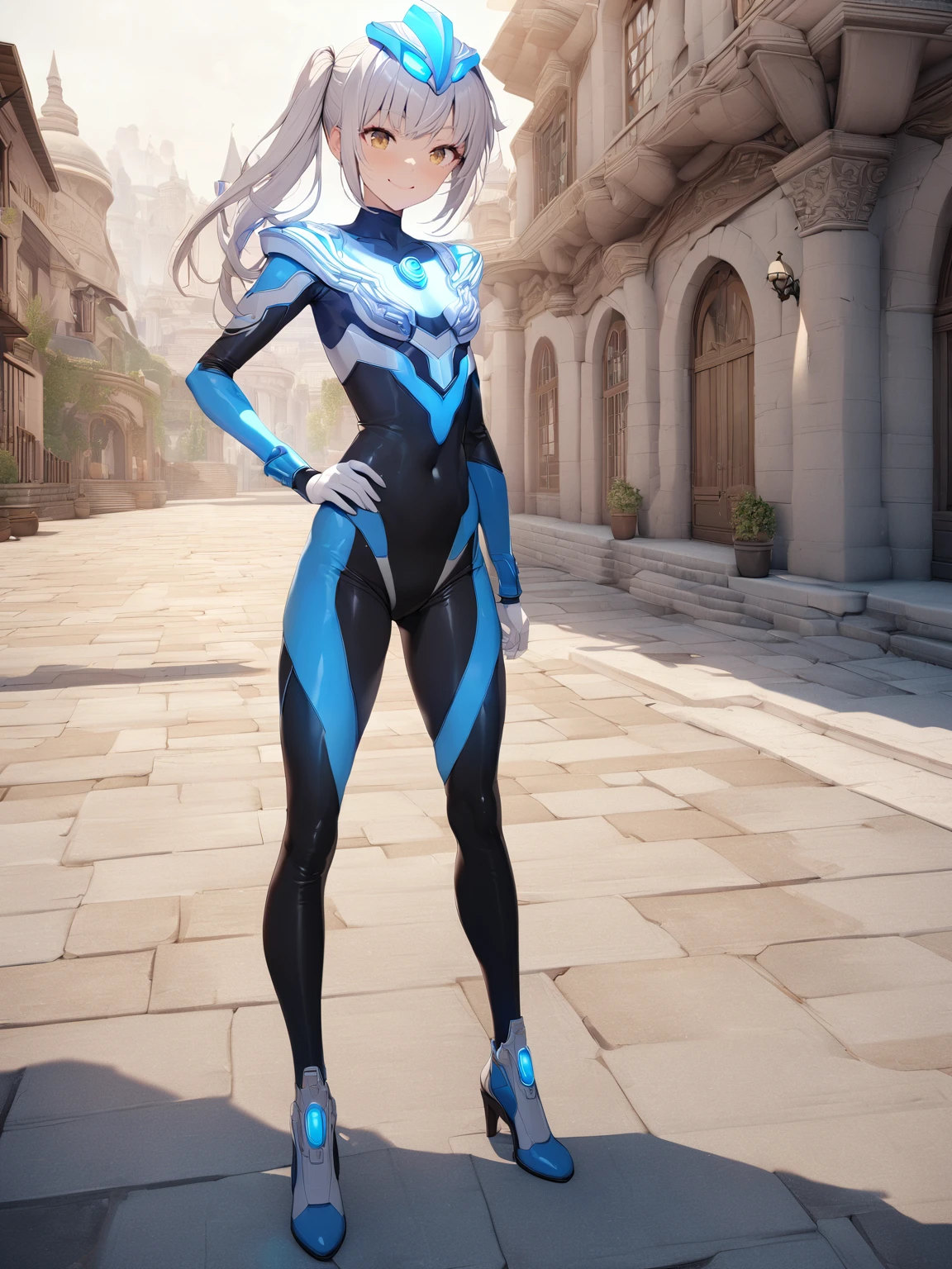 all intricate, extremely detailed 3d cg wallpaper, best quality, masterpiece, detailed building behind, stylish posing,
1girl, ultragirl, bodysuit, solo, standing, full body, small breasts, hand on hip, smile
<lora:SDXL_Ultragirl1:1>