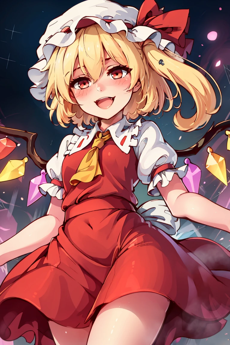 ((masterpiece,best quality)), absurdres, <lora:Flandre_Scarlet_Touhou:0.8>, Flandre_Scarlet_Touhou, 1girl, flandre scarlet, solo, blonde hair, wings, red eyes, looking at viewer, blush, hat, crystal, one side up, ribbon, open mouth, smile, mob cap, shirt, solo, smiling, looking at viewer, cowboy shot,