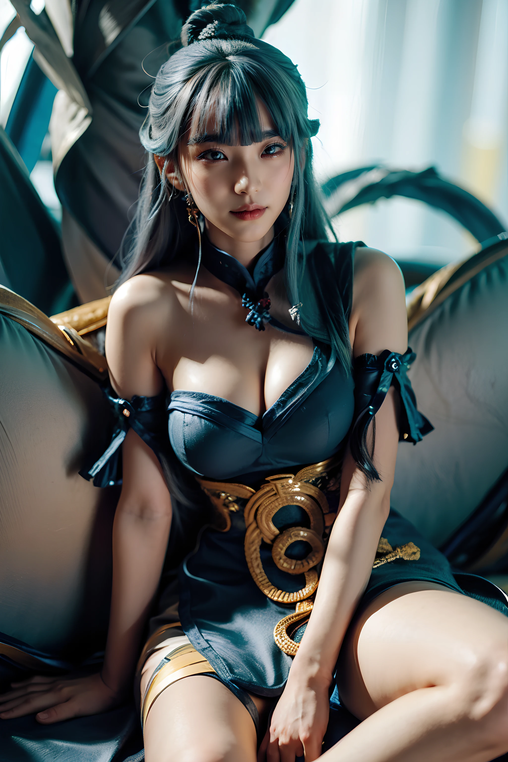 <lora:yue:0.8>, yue, 1girl, solo, high heels, long hair, bluish gray hair, bangs, yellow eyes, beautiful, Chinese dress, big breasts, simple background, breach, sea, coconut tree, knift