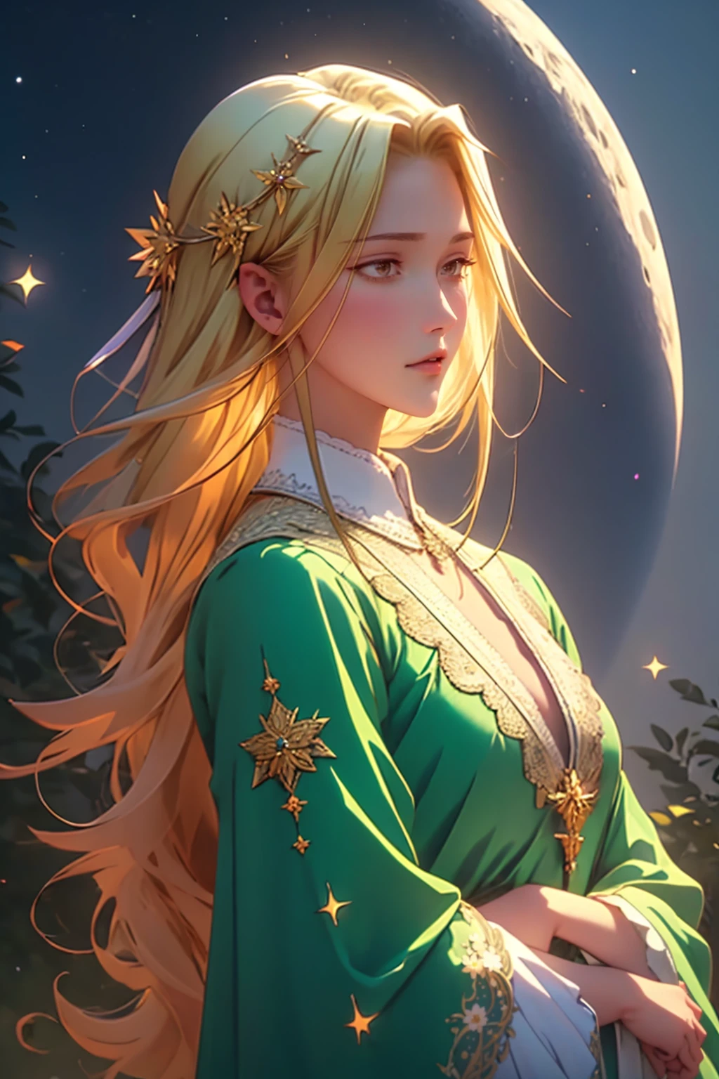 ultra detailed, sharp focus, best quality, masterpiece, colorful, high contrast, dynamic lighting, intricate details, 1girl, solo, <lora:NSArisaBasket:1> NSArisaBasket, flowers, green long gown, moonlight, moon, stars