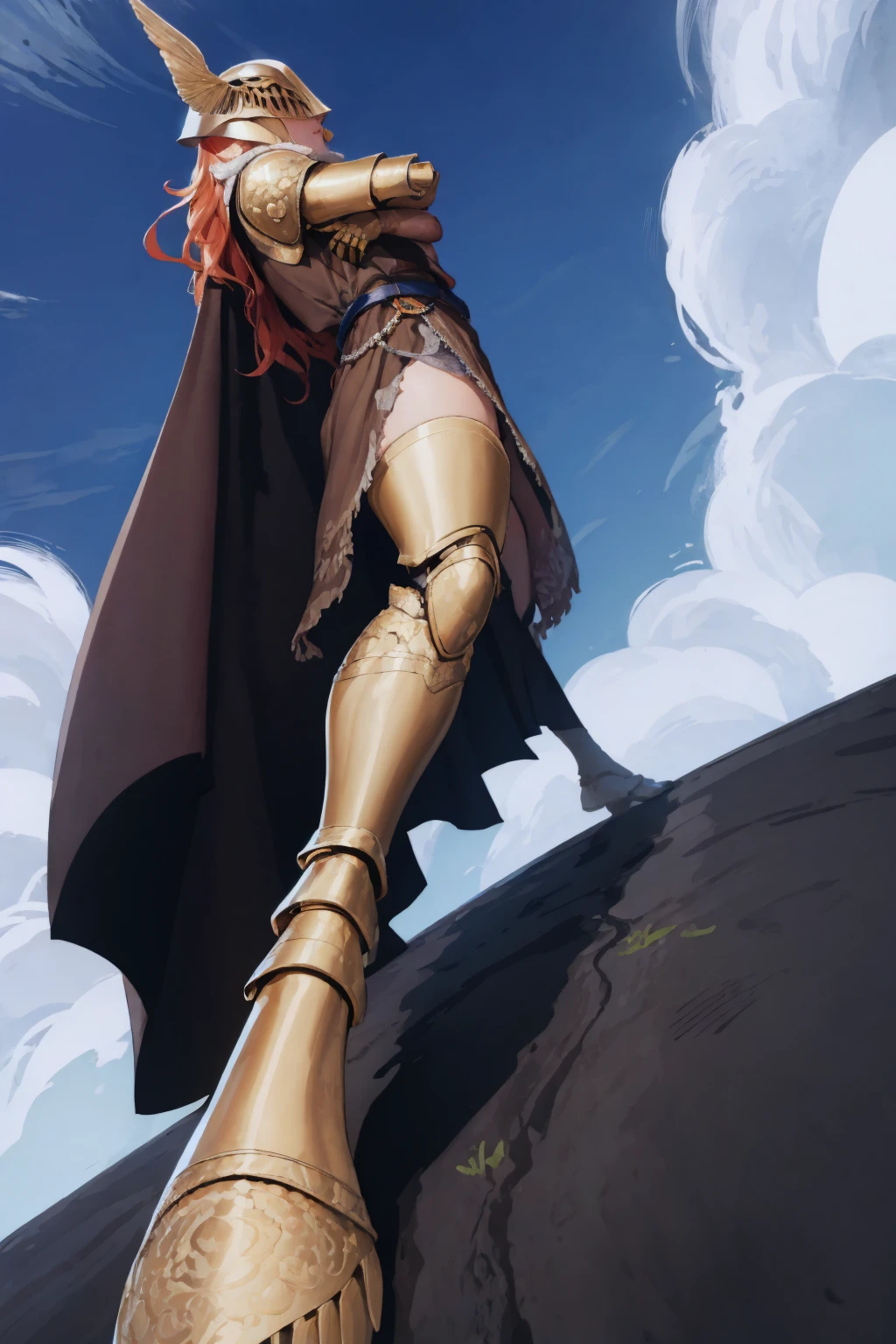 IncrsWideStanceMeme, from below, foreshortening, perspective, <lora:WideStanceMeme:1.15>, 1girl, solo, prothestic leg, single mechanical arm, prosthesis, MaleniaDef, armor, cape, helmet, brown dress, <lora:Char_EldenRing_Malenia:1>