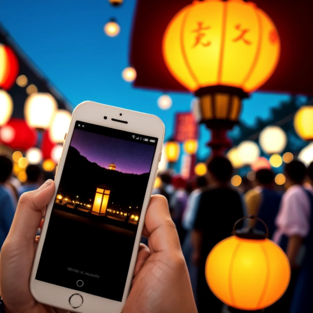 bracelet, lantern, pov hand, smartphone, festival, night, <lora:lantern_and_smartphone_v1:0.5>