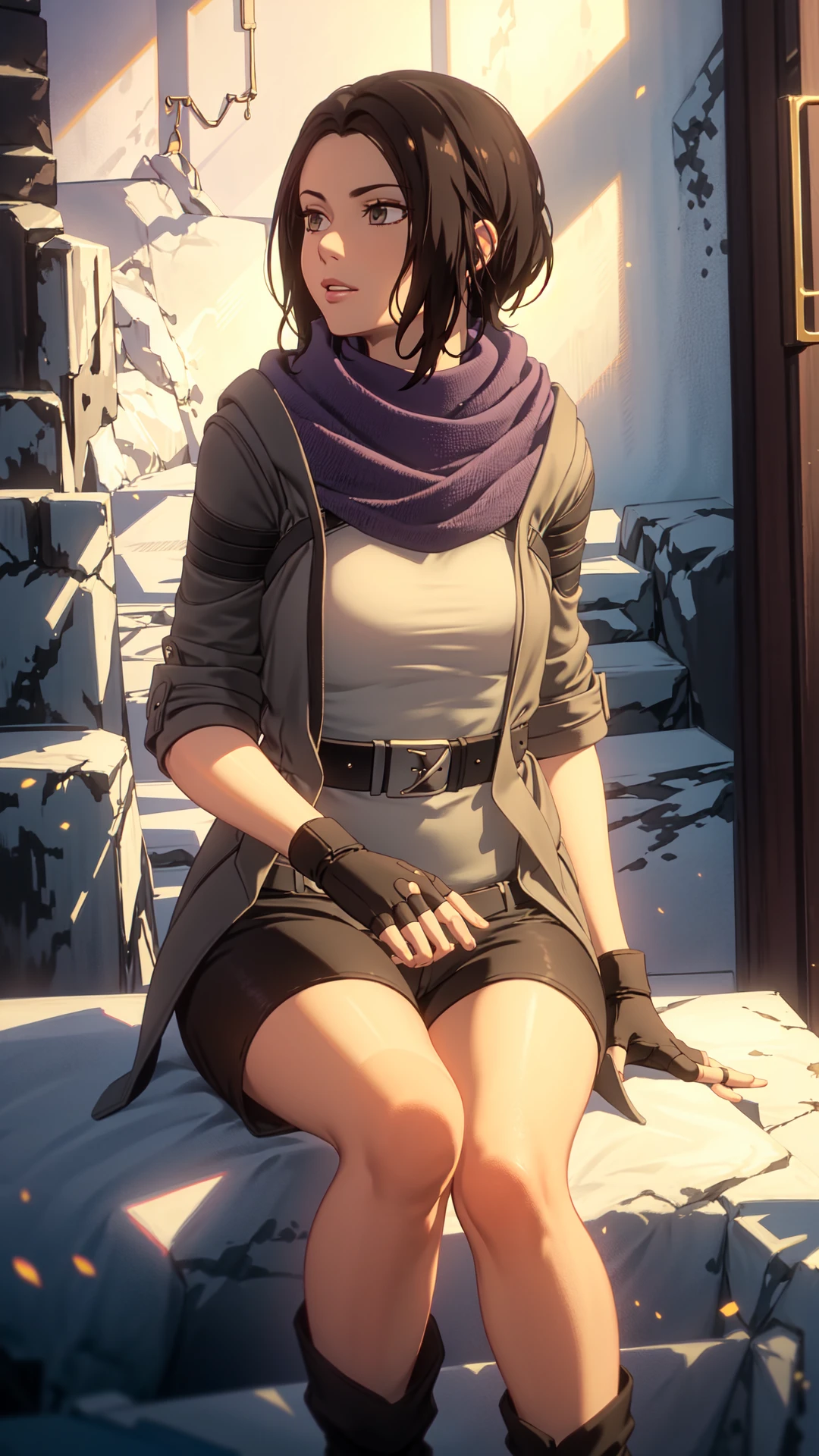 zoecas, sitting, 1woman, black short hair, hazel eyes, gray coat, purple scarf, white top, fingerless gloves, belt, black pants, black boots, <lora:zoecas:0.7>, 8k, 16k, trending on pixiv, fanbox, skeb, masterpiece, detailed face, digital painting,