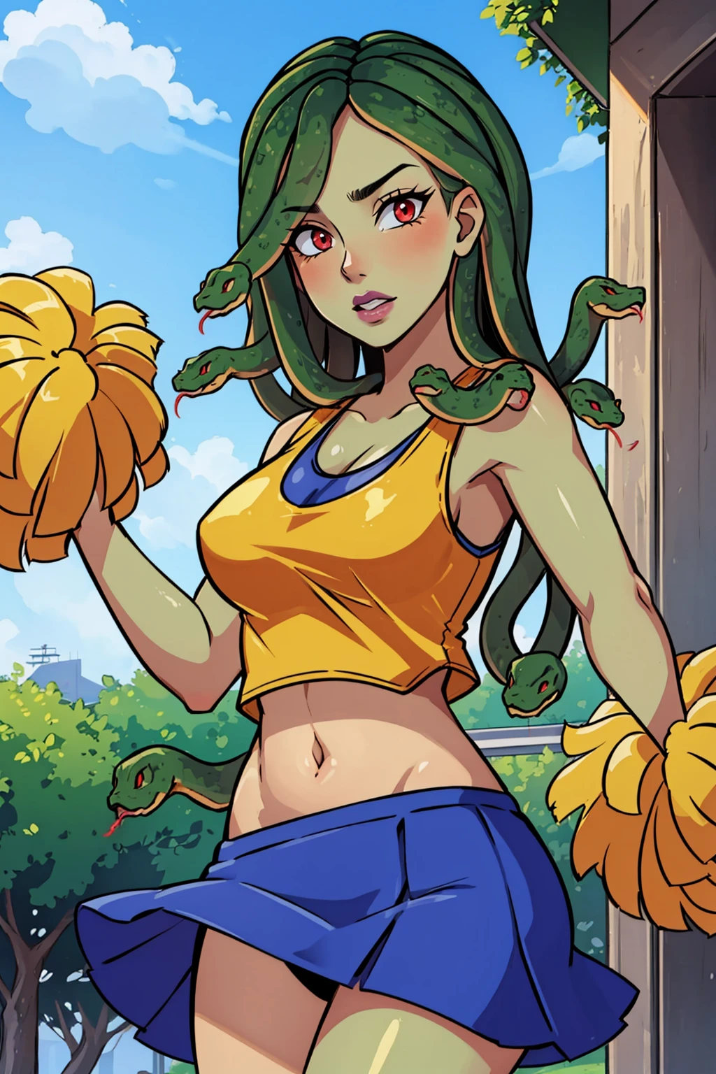 masterpiece, best quality, 1girl, solo, breasts, looking at viewer, <lora:veraoberlin-guy-v3:.95>, veraoberlin, (green skin:1.2), snake hair, makeup <lora:gorgon-10:0.6>, outdoors, cheerleader, skirt, tank top, pom pom \(cheerleading\),