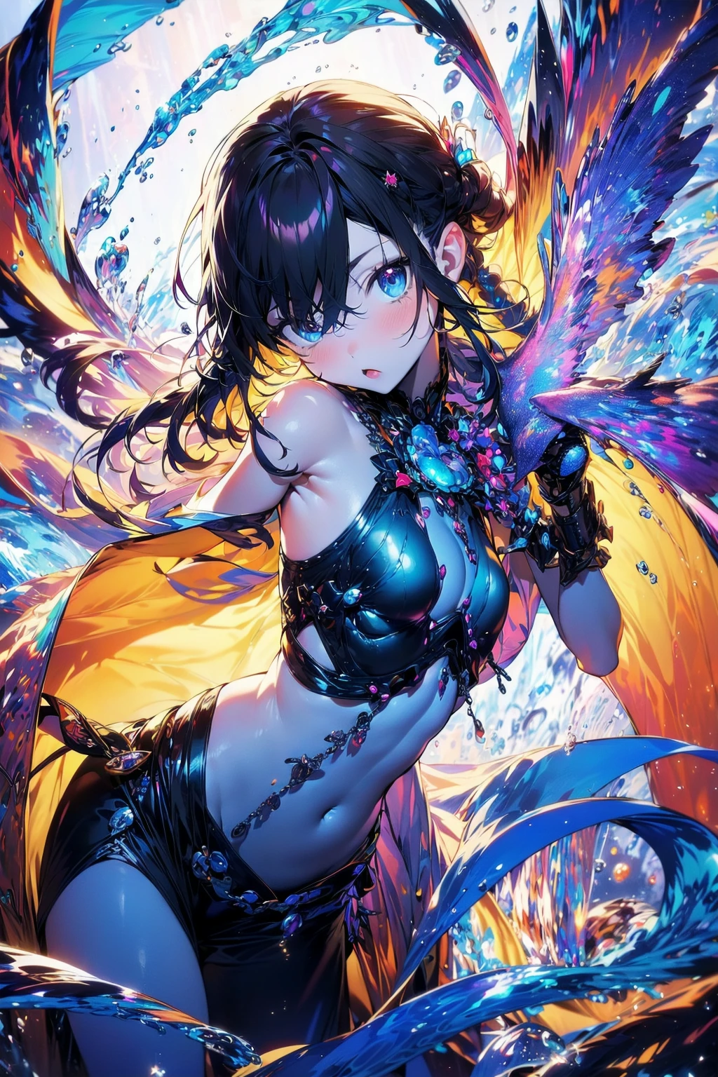 high quality, best quality, absurdres, ((Woman floating in the air)), super resolution, ultra hd, megapixel, Manga, Denoise, De-Noise, Neon Lights, Neon, Neon Lighting, fractale crystal background, fractal, ice chromatic aberration, <lora:beautifuleyeslikeness_halfBody:1>