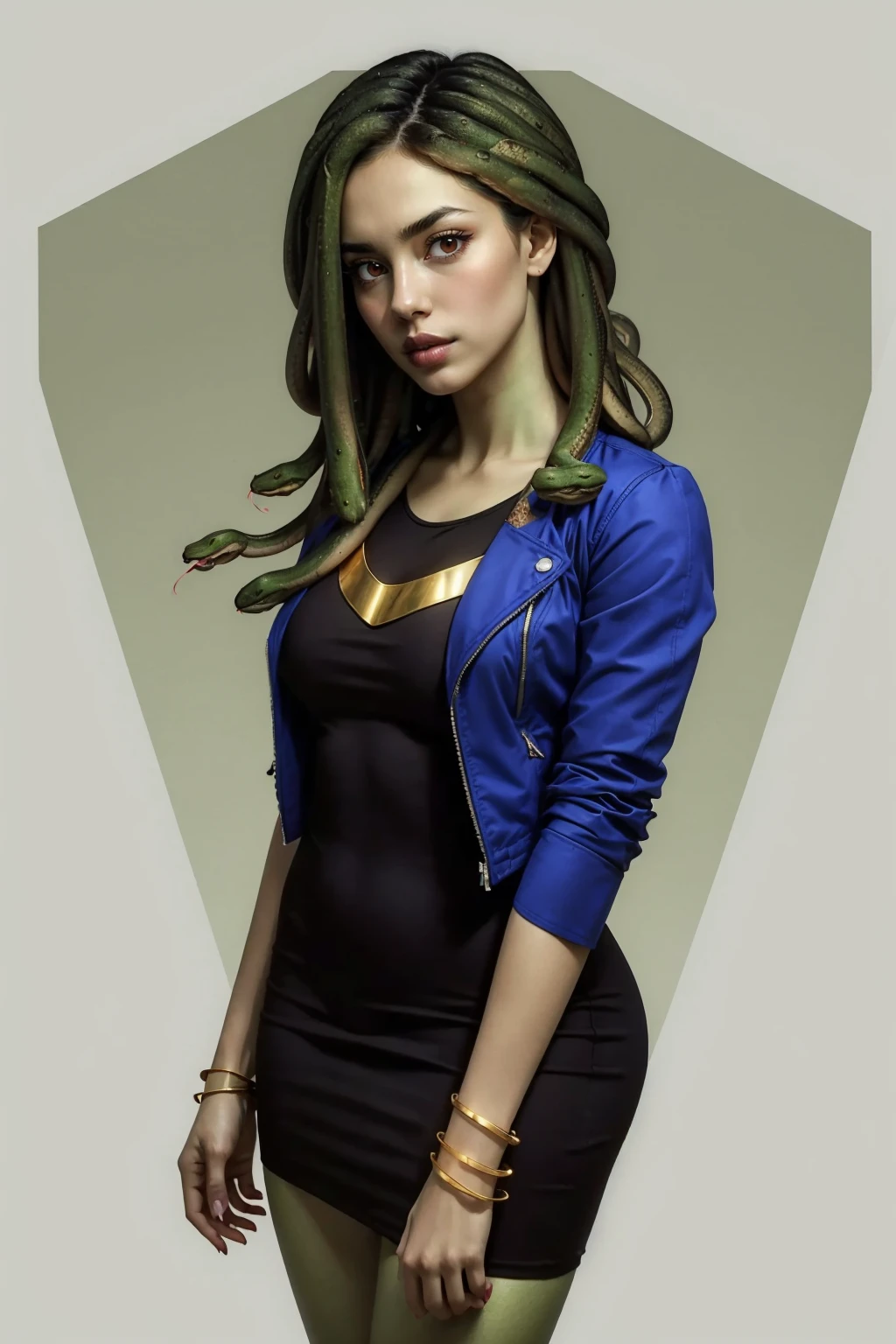 masterpiece, best quality, 1girl, solo, breasts, looking at viewer, <lora:veraoberlin-guy-v3:1>, veraoberlin, (green skin:1.2), snake hair, makeup, bracelet, blue jacket, black dress, white background, simple background,  <lora:gorgon-10:0.6>