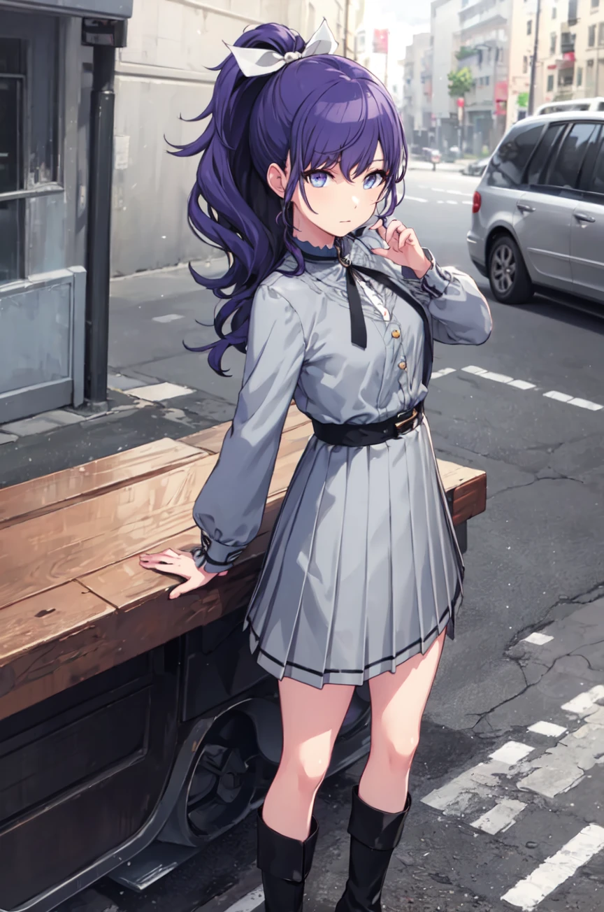 amafuyu, looking at viewer,  long sleeves, dress, ribbon, closed mouth,hair ribbon, ponytail, boots, socks, black footwear, high heels, black ribbon, high ponytail,grey skirt, high heel boots, arm at side, ankle boots, pleated dress, grey dress, grey socks, grey ribbon