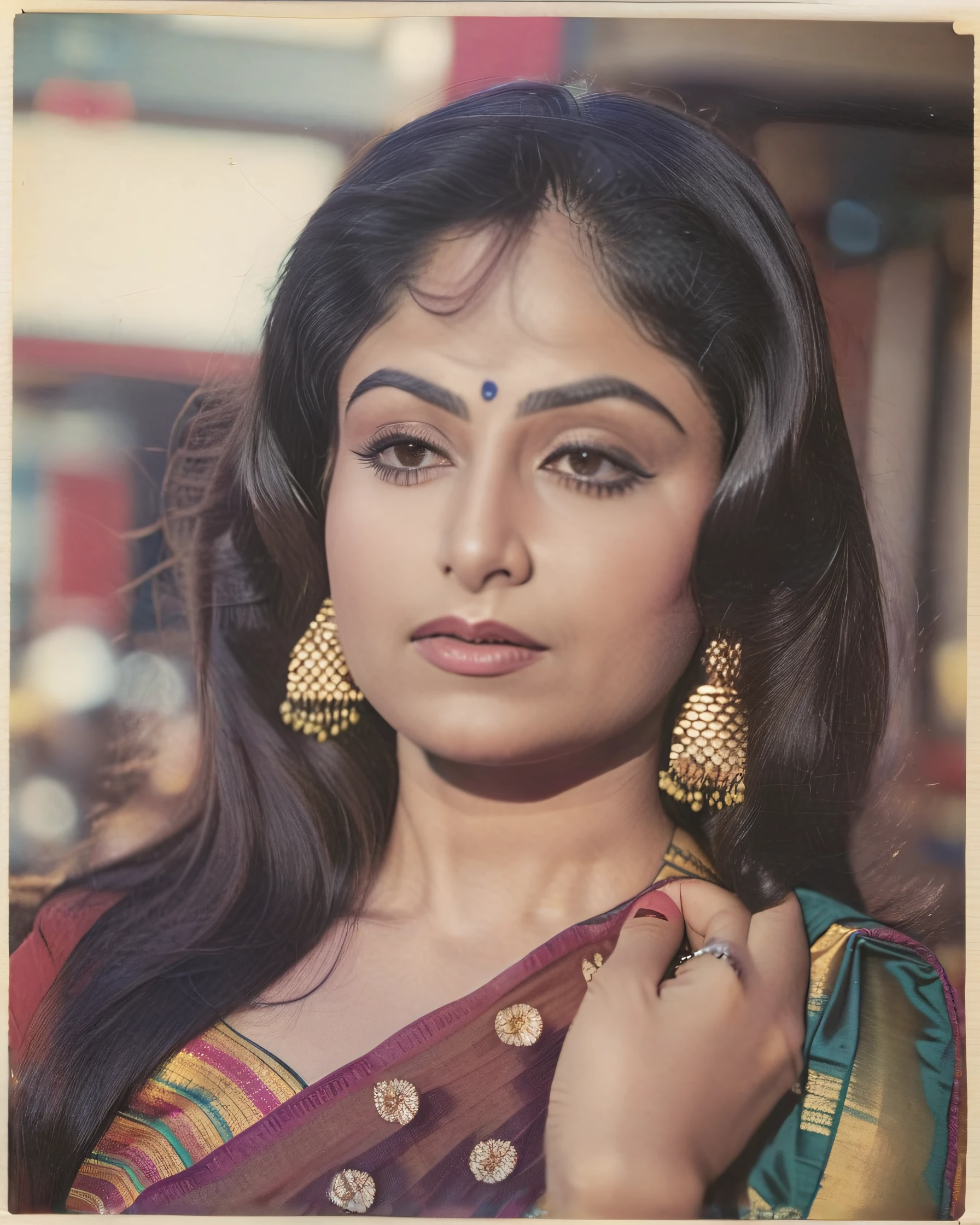 ultrarealistic full body photo of a 30-year-old ayesha jhulka woman, high neck Saree, Pursed lips in thought, Cowboy shot camera angle, perfect eyes, looking at camera, film grain, day time at sex shop, beautiful bokeh <lora:Ayesha_Jhulka_SDXL_LoRA:1>