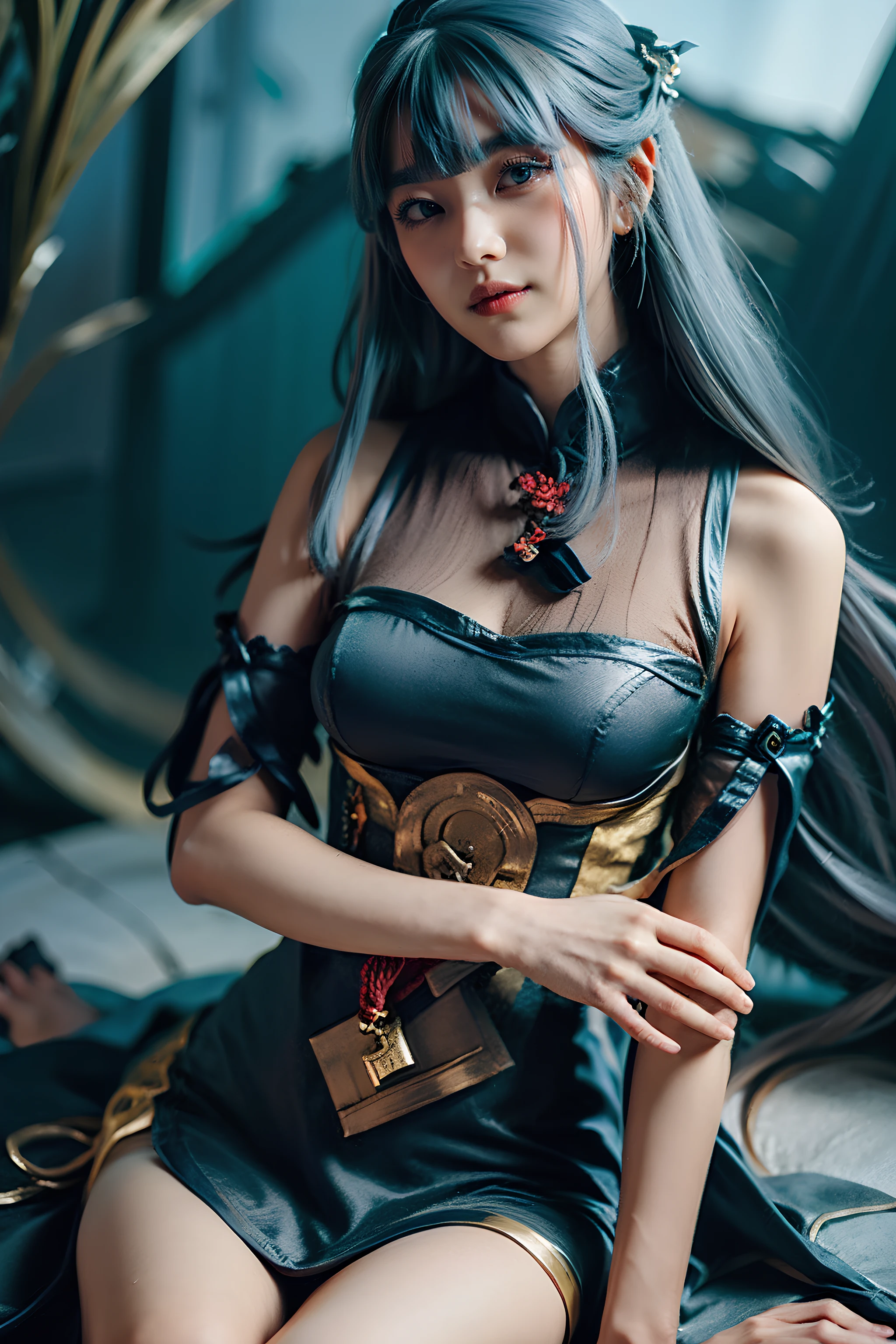<lora:yue:0.8>, yue, 1girl, solo, high heels, long hair, bluish gray hair, bangs, yellow eyes, beautiful, Chinese dress, big breasts, simple background, breach, sea, coconut tree, knift