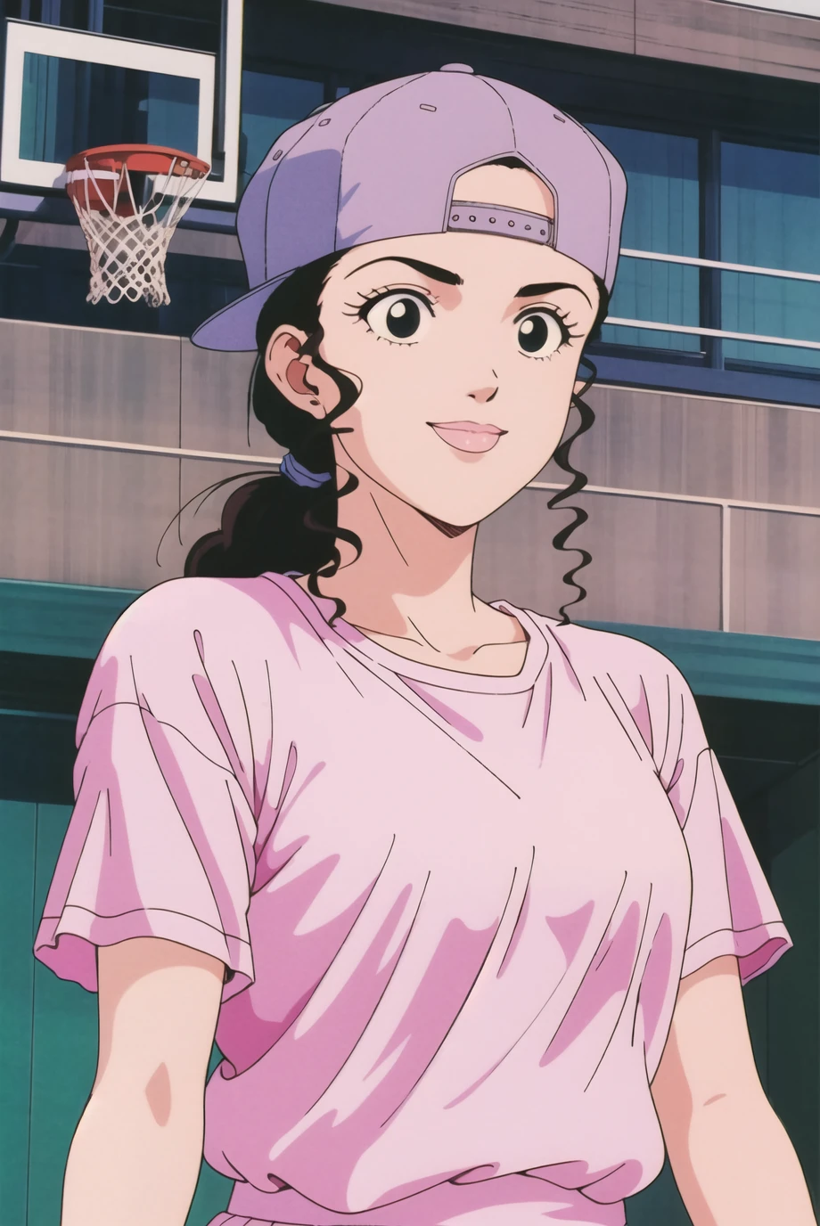 masterpiece,best quality,highres,<lora:Inoue Ayako:0.6>,Inoue Ayako,1990s \(style\),retro artstyle,1girl,solo,black eyes,brown long hair,hat,shirt,pink shirt,smile,baseball cap,upper body,ponytail,basketball court,