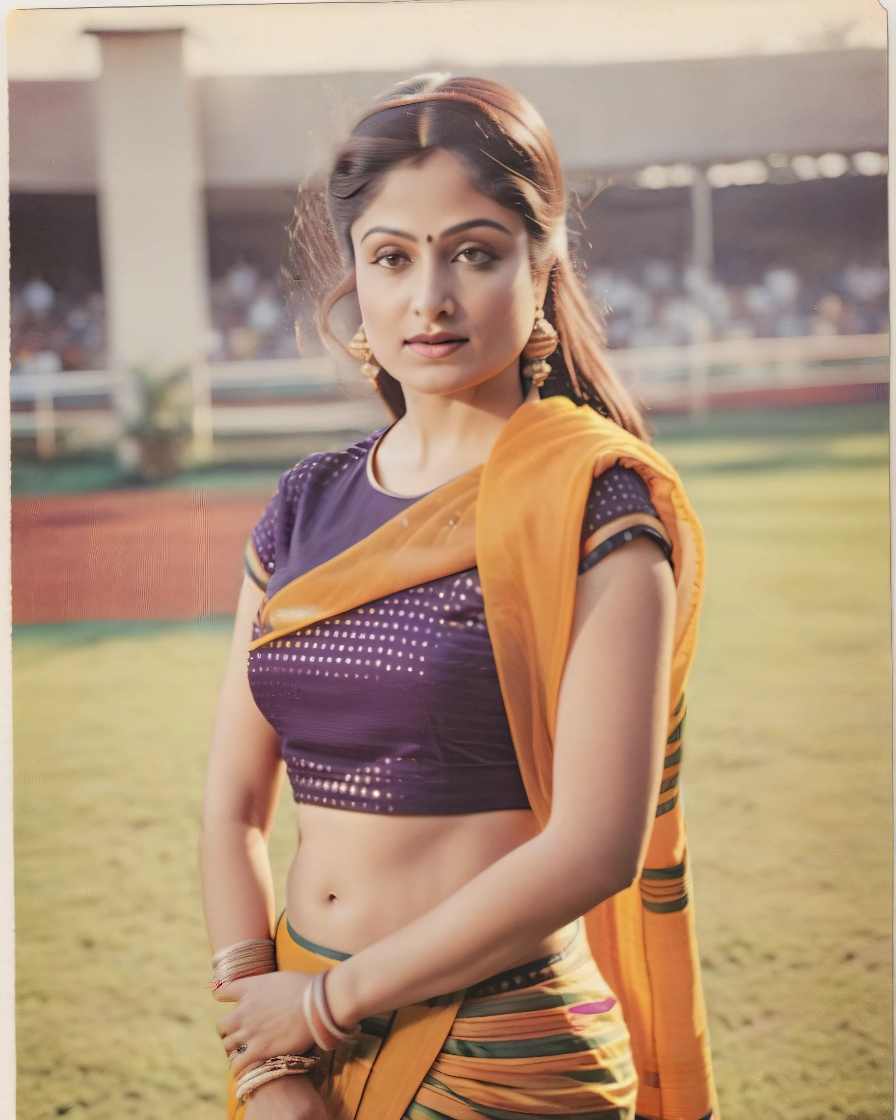 ultrarealistic full body photo of a 30-year-old ayesha jhulka woman, high neck Dhoti Saree, Slightly parted lips in awe, Aerial view camera angle, perfect eyes, looking at camera, film grain, day time at running track, beautiful bokeh <lora:Ayesha_Jhulka_SDXL_LoRA:1>