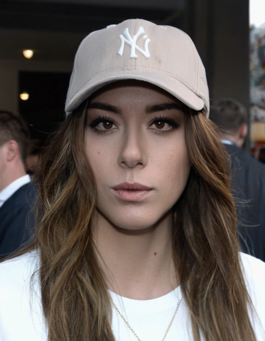 1girl, masterpiece, hdr, portrait, detailed,brown hair,chl0e,photorealistic,woman,solo, wearing a baseball cap,woman,raw color photo,35mm photo