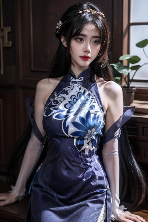 ltra-detailed,highly detailed,best quality,masterpiece,illustration,realistic,photorealistic,
1girl, solo,
yinziping, lantingyue, chinese clothes, china dress,qipao,blue dress, bare shoulders, detached sleeves, floral print, sleeveless dress, see-through, covered navel,
black hair, long hair, bangs, hair bun, hair ornament,
cowboy shot, looking at viewer,
<lora:yinziping lantingyue_v2_06:0.7>