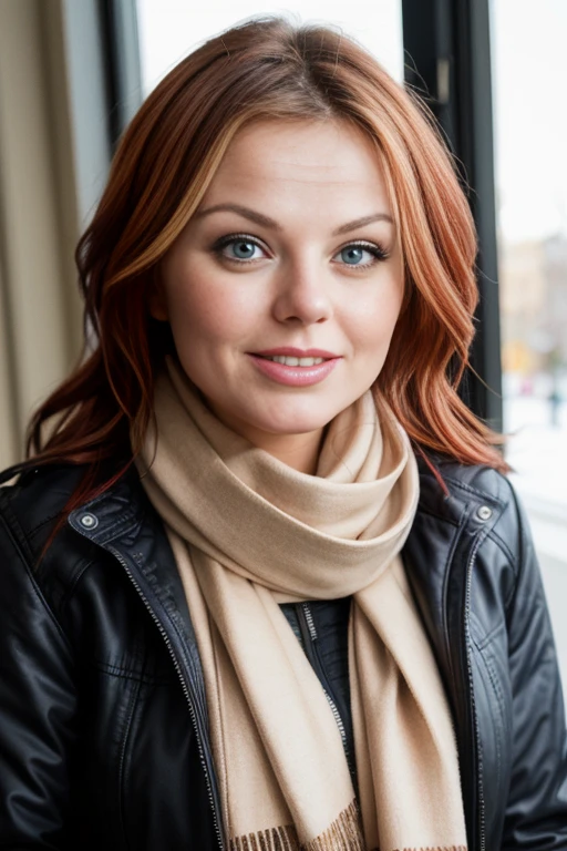 GerHa1TTXV1D,
a woman wearing a black jacket and scarf standing next to a window with a black jacket on her shoulders, (wide smile) (wide open mouth)
(professional photo shooting), (high buget photo), (extremely detailed skin), (flawless skin), (model pose), (highly detailed facial features),
(natural light), (high quality photography), (intricate details), (8k), (HDR), (sharp focus), (medium close-up)