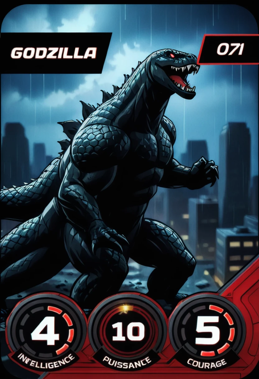 (best quality, masterpiece, absurdres, highres, ultra_detailed, dynamic angle:1.2), villaincard, intelligence4, power10, courage5, index071, Godzilla, surrounded by destroyed skyscrappers, helicopters, by night, heavy rain, view from above, (red and black hud with white numbers), (intricate details, hyperdetailed:1.15), (ultrahigh resolution textures), bokeh, (volumetric, cinematic) lighting, depth of field, <lora:marvel_promo_cards_2023_locon_xl_villain_v1:0.6>