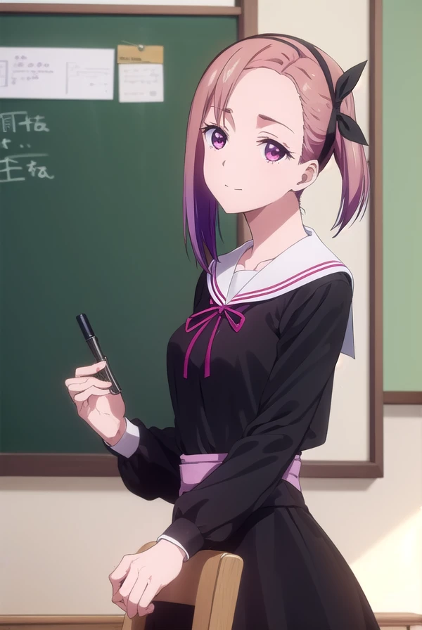 tsubamekoyasu, <lora:tsubame koyasu s3-lora-nochekaiser:1>,
tsubame koyasu, short hair, hair ribbon, pink hair, purple hair, multicolored hair, (pink eyes:1.3), gradient hair, (forehead:1.2), smile,
BREAK long sleeves, dress, ribbon, school uniform, collarbone, (black dress:1.2), sailor collar, white sailor collar, red ribbon, neck ribbon, shuuchiin academy school uniform,
BREAK indoors, classroom,
BREAK looking at viewer, (cowboy shot:1.5),
BREAK <lyco:GoodHands-beta2:1>, (masterpiece:1.2), best quality, high resolution, unity 8k wallpaper, (illustration:0.8), (beautiful detailed eyes:1.6), extremely detailed face, perfect lighting, extremely detailed CG, (perfect hands, perfect anatomy),