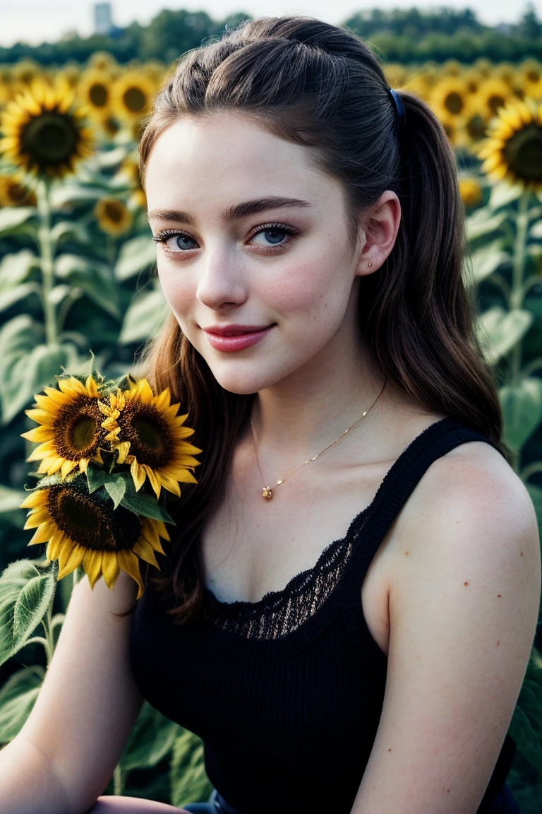 photo of (drrusse11-135:0.99), a beautiful woman, perfect hair upsweep updo, (smiling), (modern photo, Classic Purple Lace knit socks), closeup portrait, 85mm, (analog, cinematic, film grain:1.3), (A tranquil, sunlit field of wild sunflowers:1.2), detailed eyes, (seductive pose), (epicPhoto), (looking at viewer), jewelry, (cinematic shot:1.3)
