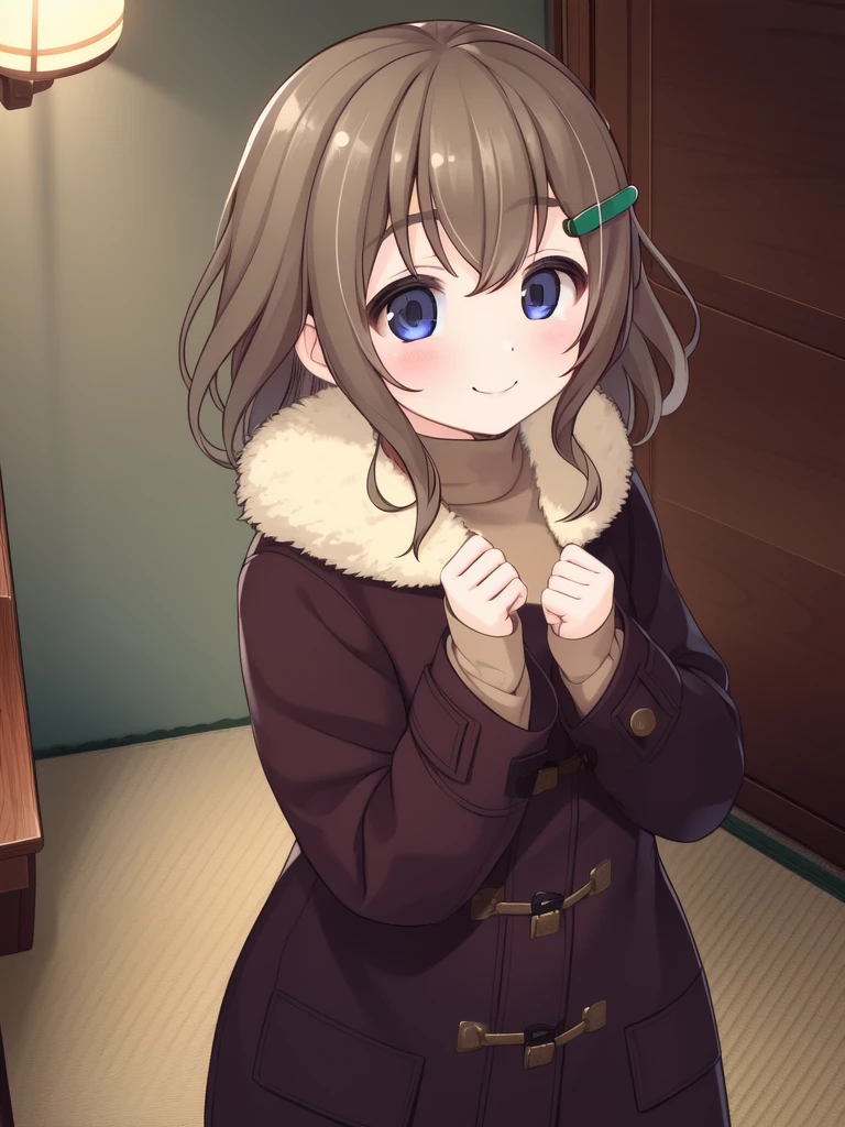 <lora:Fukami_Nonoka:0.8>,FukamiNonoka, 1girl, solo, hair ornament, smile, looking at viewer, coat, cowboy shot, long sleeves, bangs, fur trim, closed mouth, sweater, clenched hands, brown coat, sleeves past wrists,home in the room,
masterpiece, high quality, very_high_resolution, large_filesize, full color,
