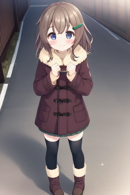 <lora:Fukami_Nonoka:0.8>, FukamiNonoka, 1girl, solo, thighhighs, boots, smile, hair ornament, brown footwear, black thighhighs, coat, full body, fur trim, looking at viewer, blush, skirt, standing, closed mouth, long sleeves, bangs, brown coat, fur-trimmed boots, zettai ryouiki