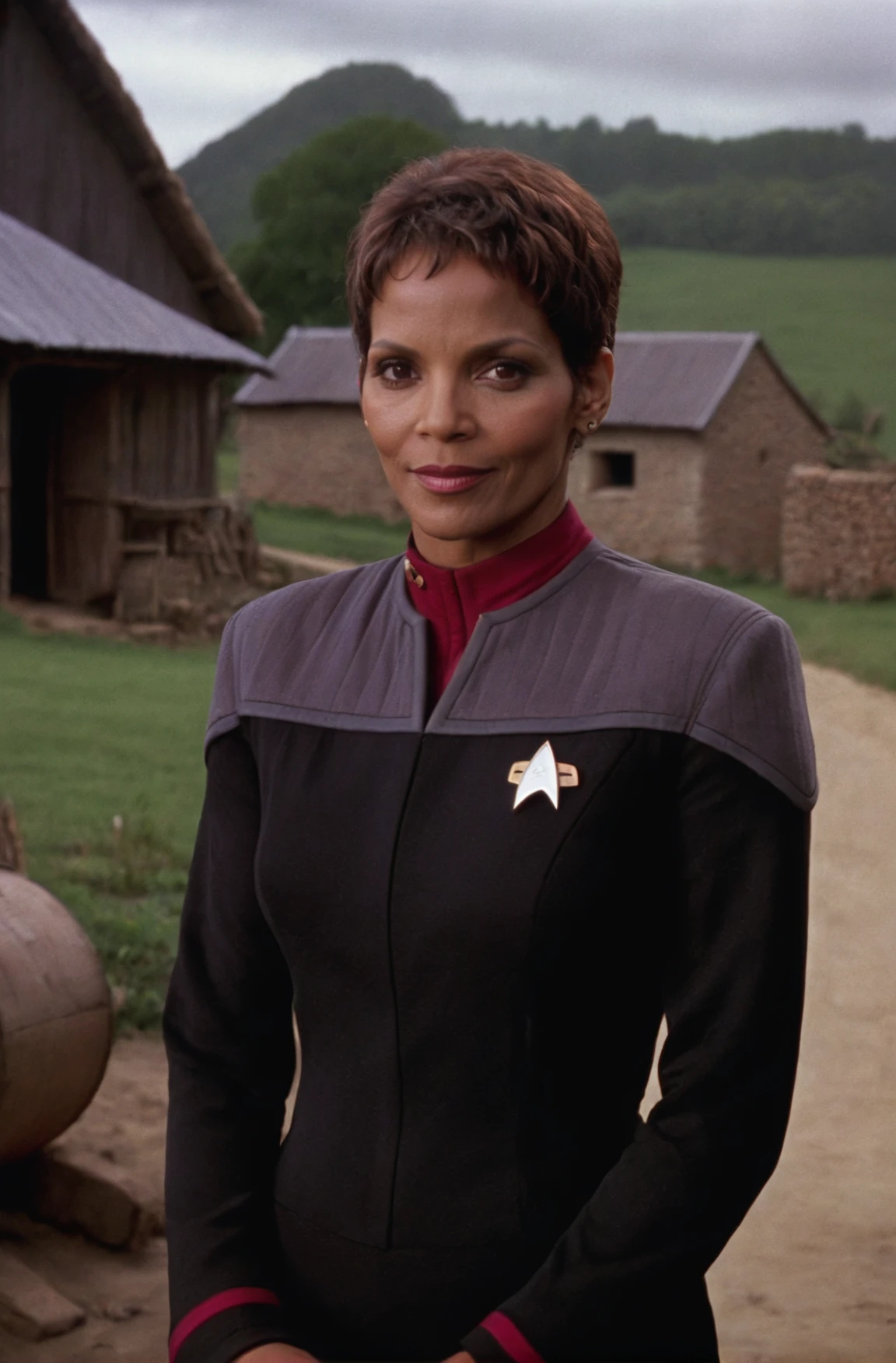halle berry, in black and grey ds9st uniform,red collar, professional photo, in a village,shot on Hasselblad <lora:DS9XLVGRAD3:0.8>