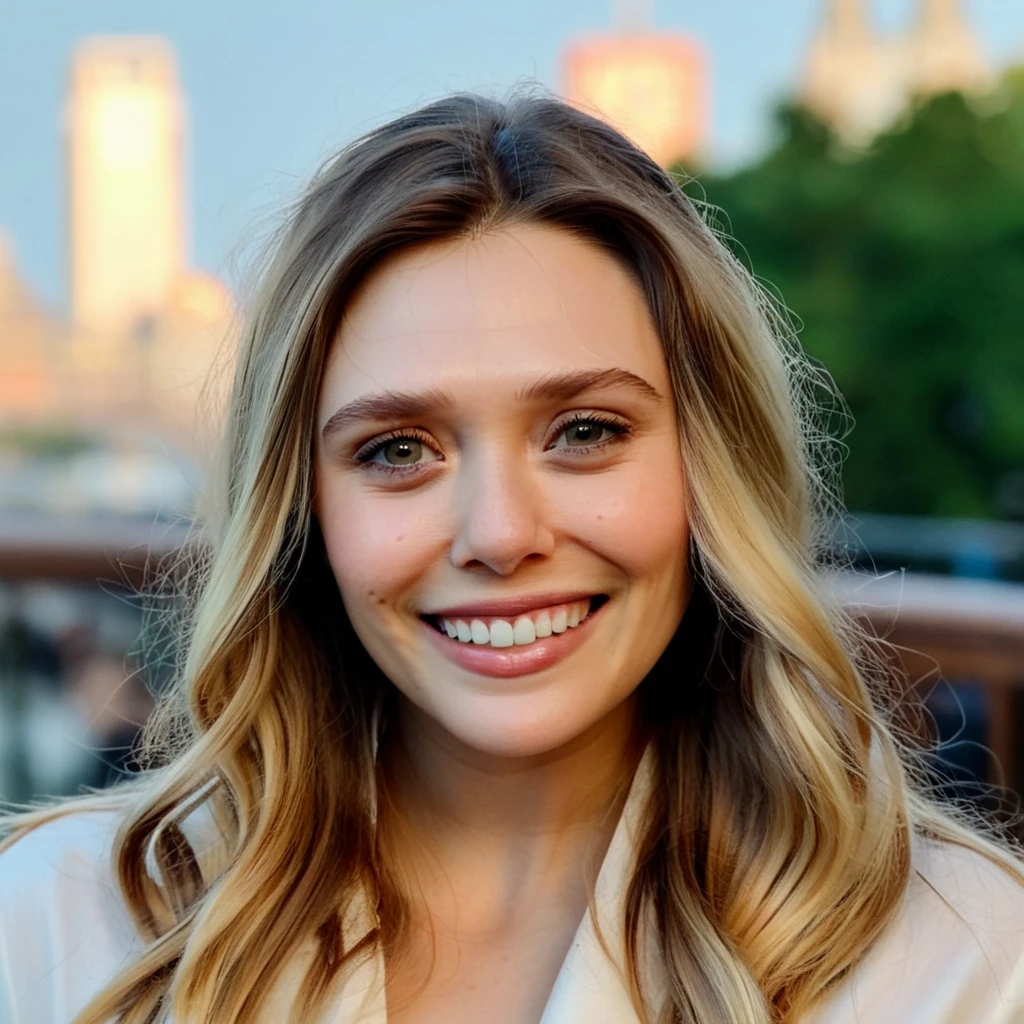 Elizabeth Olsen smilng, (Skin Texture, pores, natural,iPhone,RAW)), natural lighting, Highest Quality closeup Portrait photo of Elizabeth Olsen wearing no makeup with beautiful hair, Nikon Z9, realistic matte skin,  blurry city in the background, 8K,     <lora:multiceleb_ana_nat_em_eli_xl2_standard_merger_12_50_03_07:1>