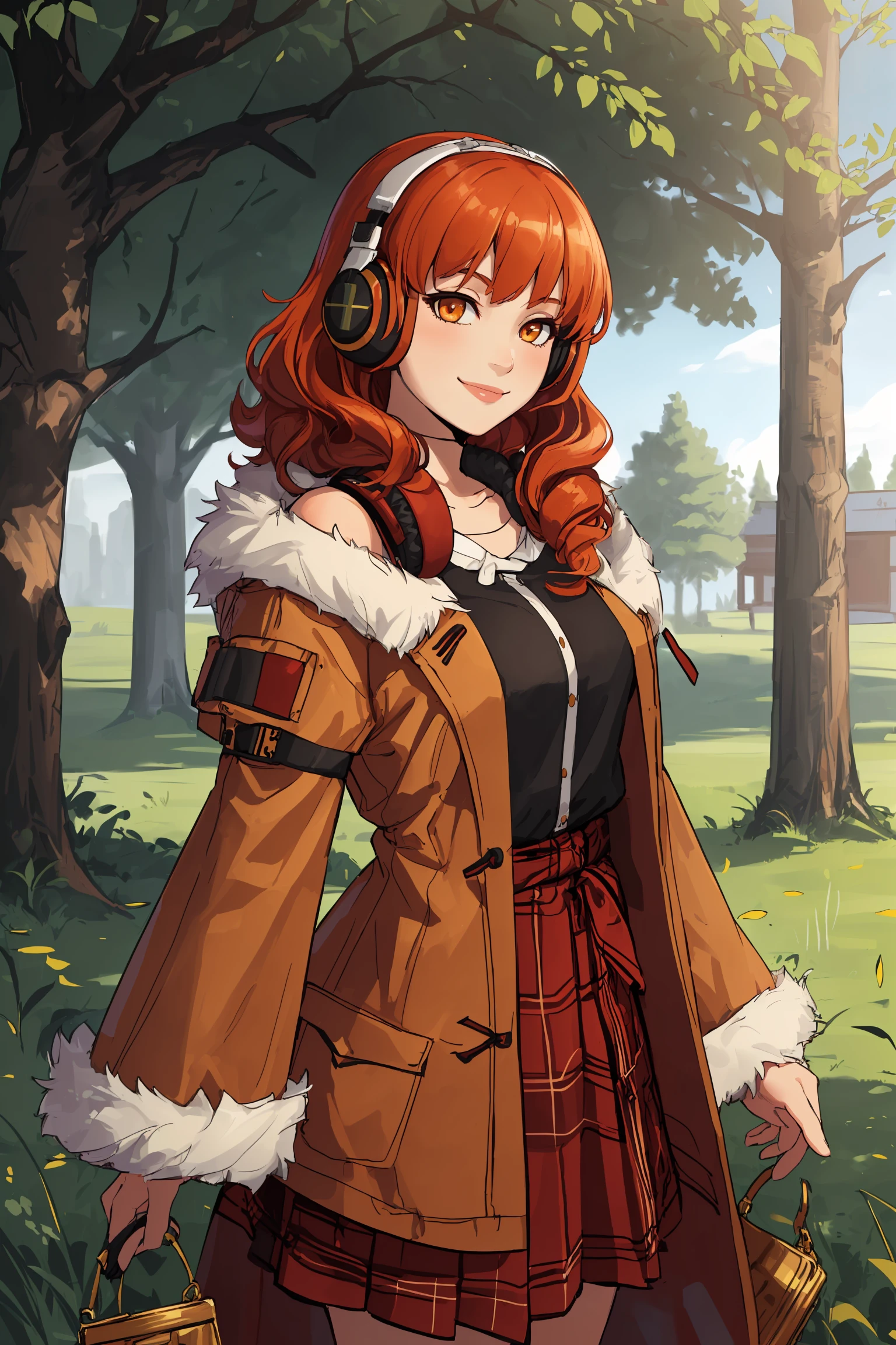masterpiece, best quality, absurdres, 1girl, solo, smile, standing, facing viewer, <lora:EPfeCelica-08:0.7>, EPfeCelica, orange eyes, red hair, pillarboxed, grass, tree, evening, arm support, fur coat, plaid_skirt, winch, headphones, relaxed