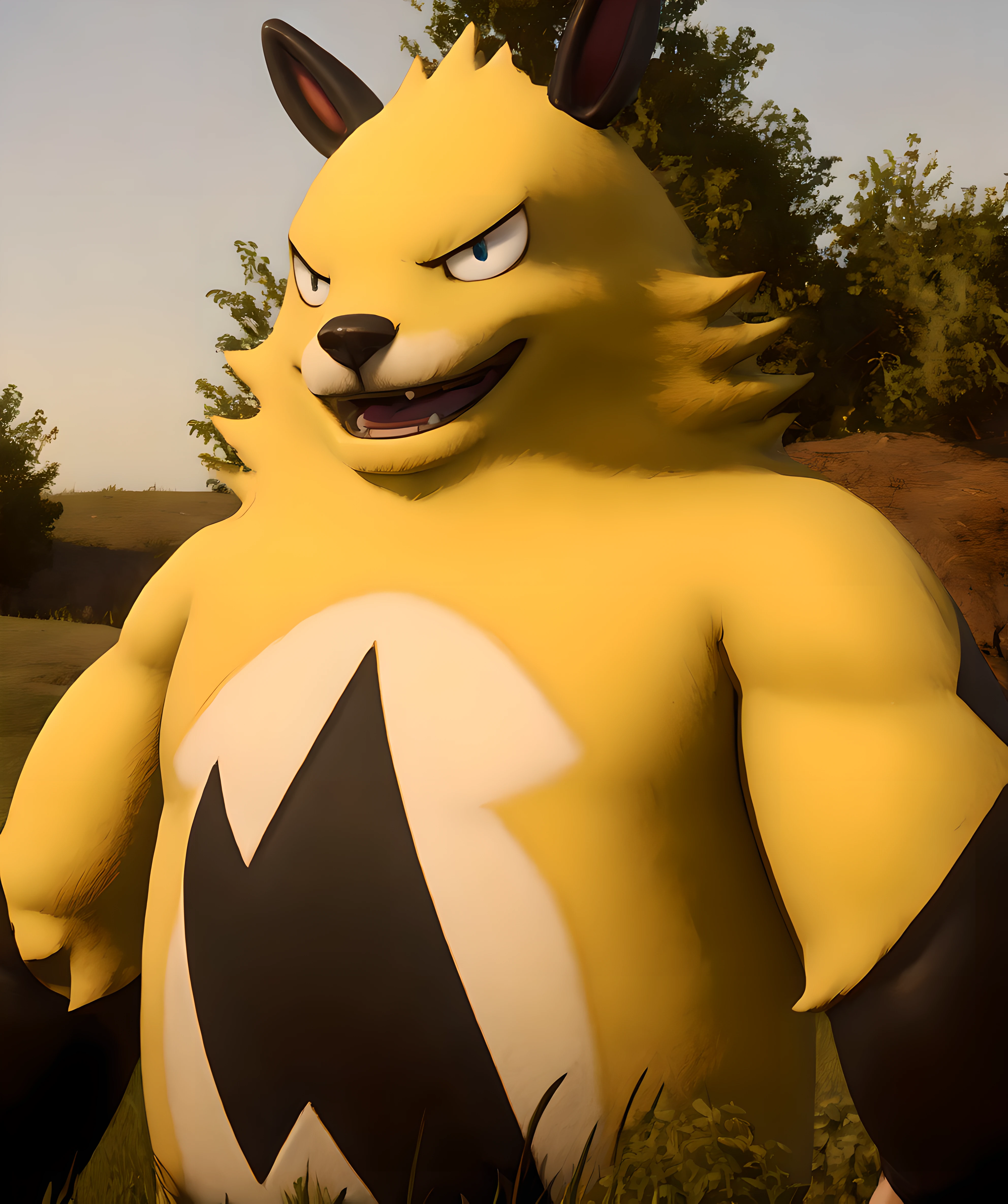 grizzbolt_palworld, (muscular:1.1), sitting down, penis, cumming, cum, fluid, black tank top, black short, looking at viewer, evil grin <lora:Grizzbolt:0.8>