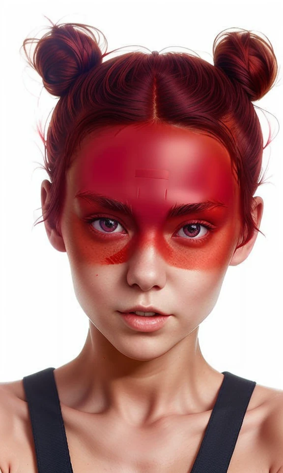 medium shot, attractive woman, (smile:0.2) <lora:r3df0r3_3:1> r3df0r3, red band across eyes, red across forehead, short black hair, hair in bun, low angle