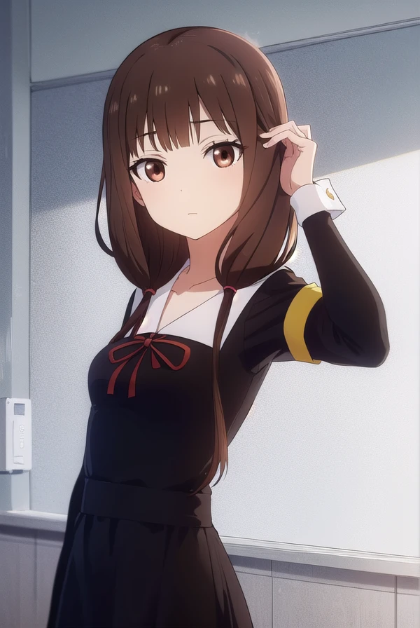 mikoiino, <lora:miko iino s3-lora-nochekaiser:1>,
miko iino, blunt bangs, (brown eyes:1.5), brown hair, hair tie, long hair, low twintails, red ribbon, ribbon, twintails,
BREAK long sleeves, dress, ribbon, school uniform, collarbone, (black dress:1.2), sailor collar, white sailor collar, red ribbon, neck ribbon, shuuchiin academy school uniform, armband,
BREAK indoors, classroom,
BREAK looking at viewer, (cowboy shot:1.5),
BREAK <lyco:GoodHands-beta2:1>, (masterpiece:1.2), best quality, high resolution, unity 8k wallpaper, (illustration:0.8), (beautiful detailed eyes:1.6), extremely detailed face, perfect lighting, extremely detailed CG, (perfect hands, perfect anatomy),