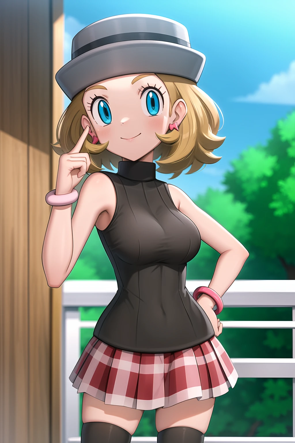 pkmnserena, 1girl, solo, blue eyes, blonde hair, short hair, bangs, hat grey headwear,
black shirt, turtleneck, sleeveless, red skirt, pleated skirt, black thighhighs,
smile,closed mouth,cowboy shot,sitting,
forest,outdoor,
(insanely detailed, beautiful detailed face, masterpiece, best quality) cinematic lighting