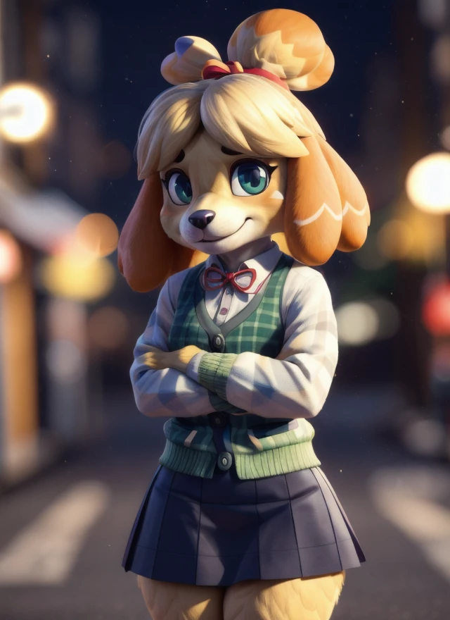 ((masterpiece, best quality:1.4)), bokeh, fluffy, 3d,
female, solo, female focus, solo focus, three-quarter portrait, front view, looking at viewer, standing, smile, 
 <lora:isabelleAnimalCrossingV2:0.8> isaCrossing, topknot, furry, green cardigan, white shirt, blue skirt, red ribbon, checkered pattern,
animal crossing, isabelle \(animal crossing\),