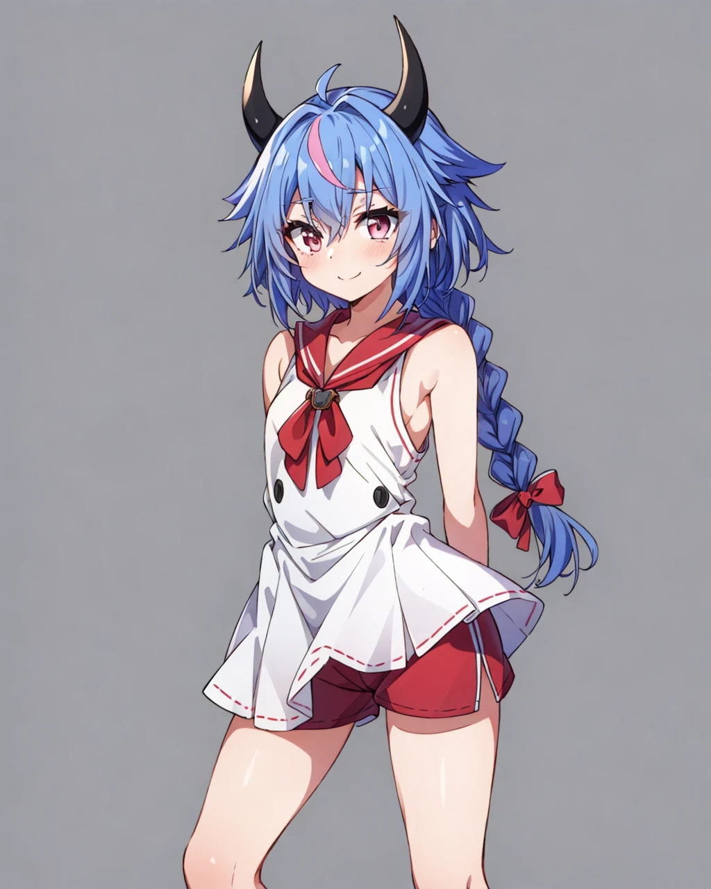 masterpiece,best quality, <lora:mikoto_v2-000015:0.6> meika_mikoto, blue hair, multicolored hair, horns, pink eyes, braid, solo, standing, shirt, sleeveless, simple background, looking at viewer, smile, red shorts, thighs, arms behind back,