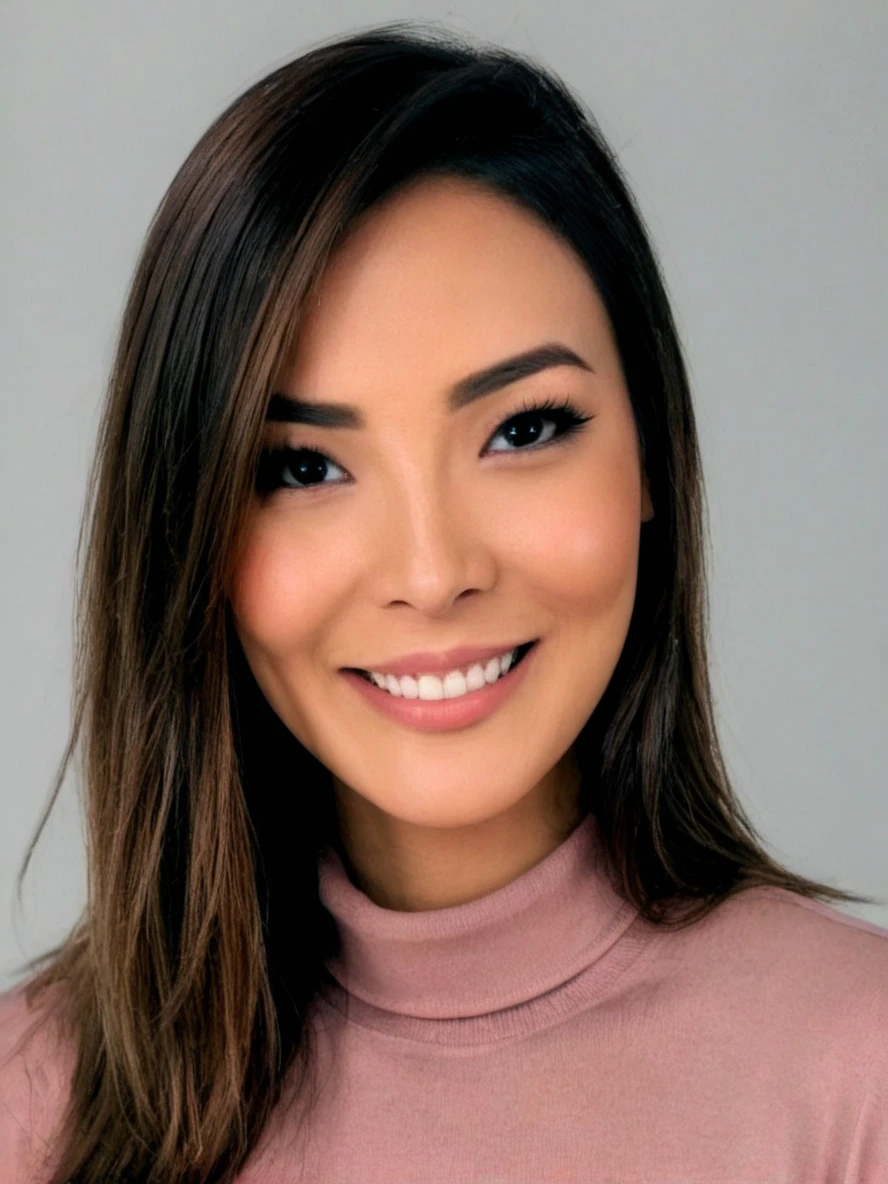 Portrait photo of c4r0ln4k4mur4 woman, pink turtleneck blouse, white background, smiling