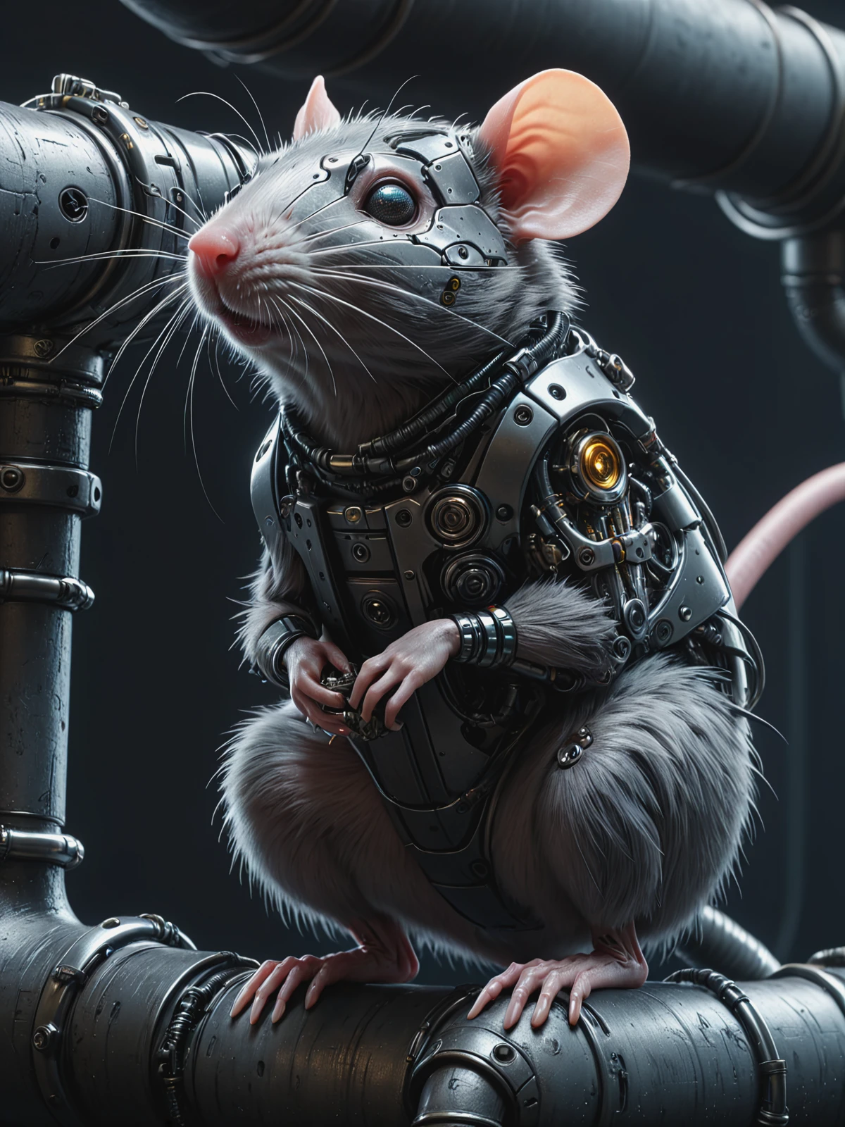 cyberanimals rat on a pipe , cyberpunk <lora:Neon_Cyberpunk_SDXL_Cyberanimals:0.6>, (masterpiece:1.2), best quality, (hyperdetailed, highest detailed:1.2), high resolution textures