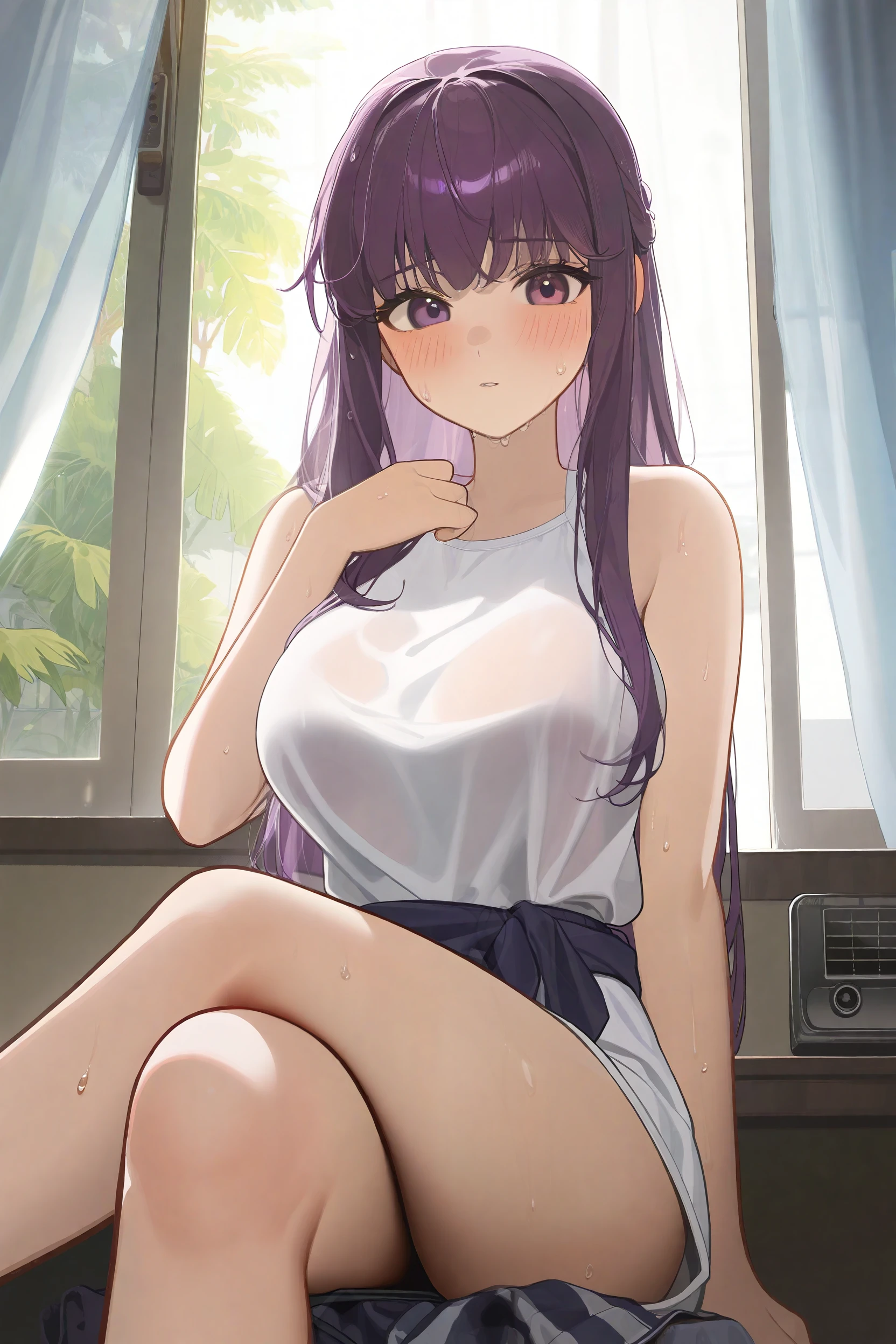 BREAK looking at viewer, BREAK (masterpiece:1.2), best quality, high resolution, unity 8k wallpaper, (illustration:0.8), (beautiful detailed eyes:1.6), extremely detailed face, perfect lighting, extremely detailed CG, (perfect hands, perfect anatomy)fern, long hair, bangs, (purple eyes:1.1), purple hair, sidelocks, blunt bangs, (bright pupils:1.5),castle,night,moon,starfall, half updo,
long sleeves,white dress, long dress,wet dress, cleavege,neckline,nipples,full body,stockings,upskirt,panties, lace panties,wet panties, camel toe,from above,bend over.