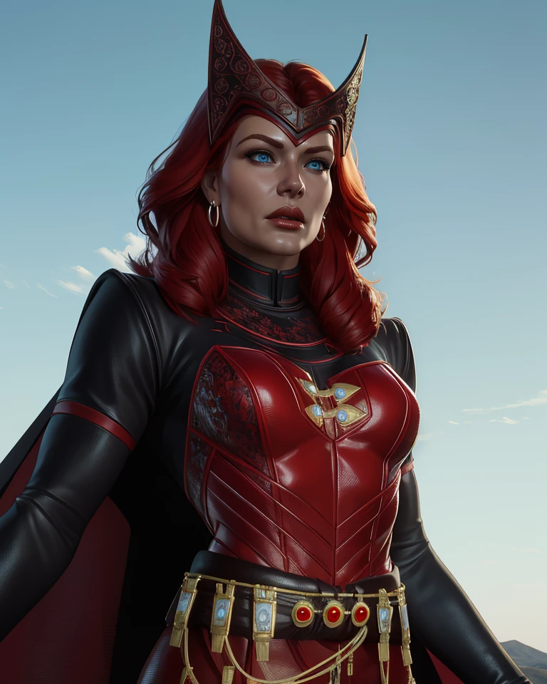 scarletWitch,blue eyes,red hair,medium hair,
red bodysuit,belt,belt,jewelry,earrings,cape, face helmet,
standing,upper body,
(insanely detailed, masterpiece, best quality),<lora:scarletWitch:0.8>,